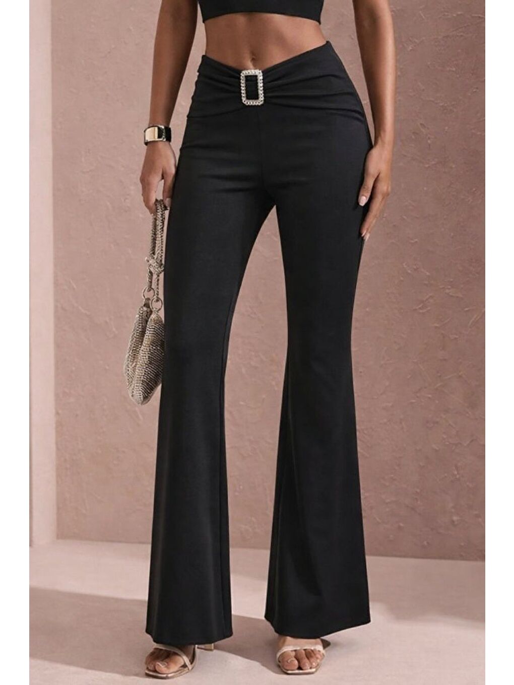 Siyah Kadın Yüksek Bel Tokalı Ispanyol Paçalı Dalgıç Pantolon , 24464