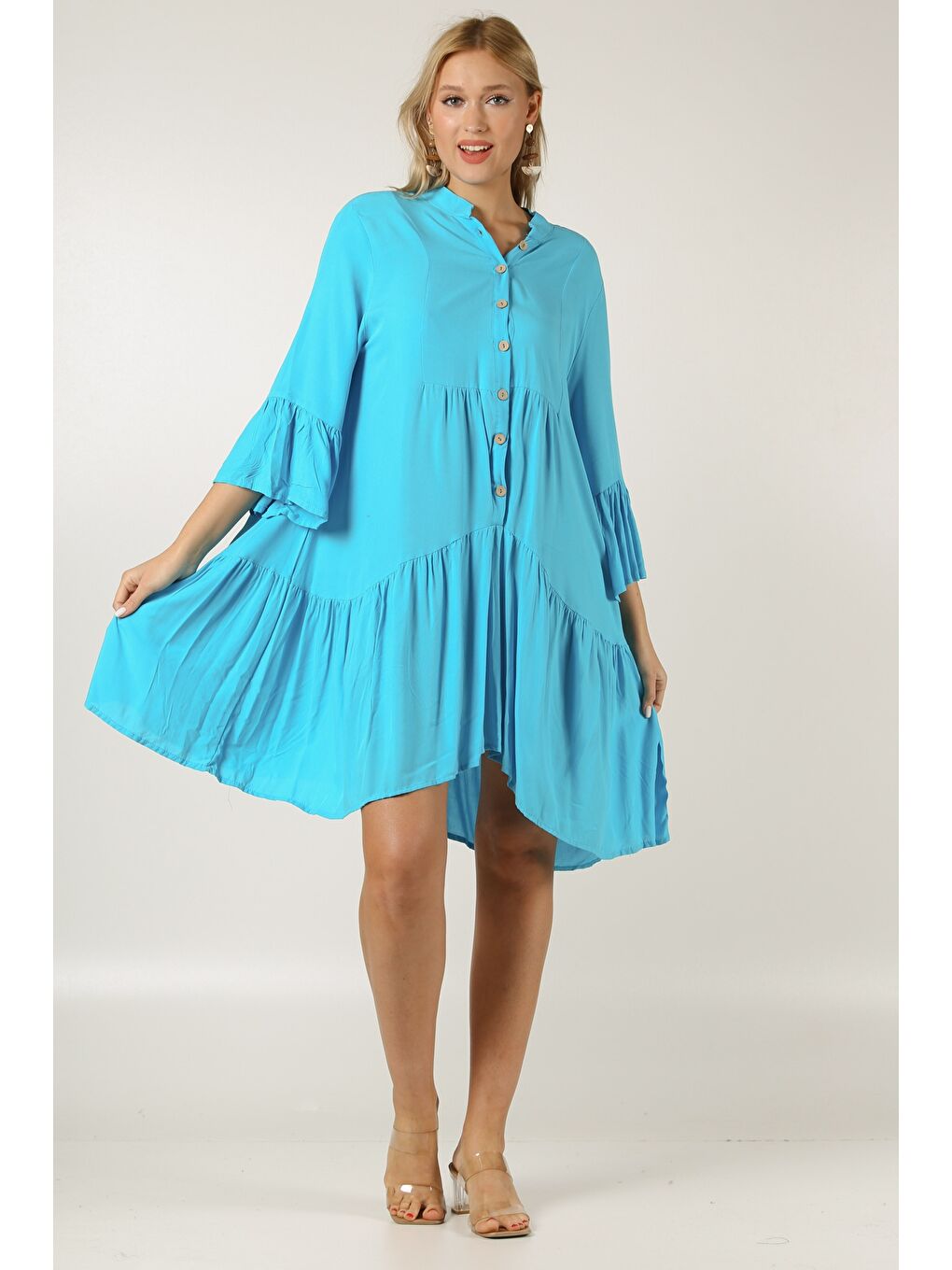 İtalyan Açık Turkuaz Hakim Yaka 3/4 Kol Düğmeli Kol Ve Etek Ucu Fırfırlı Dokuma Elbise-5