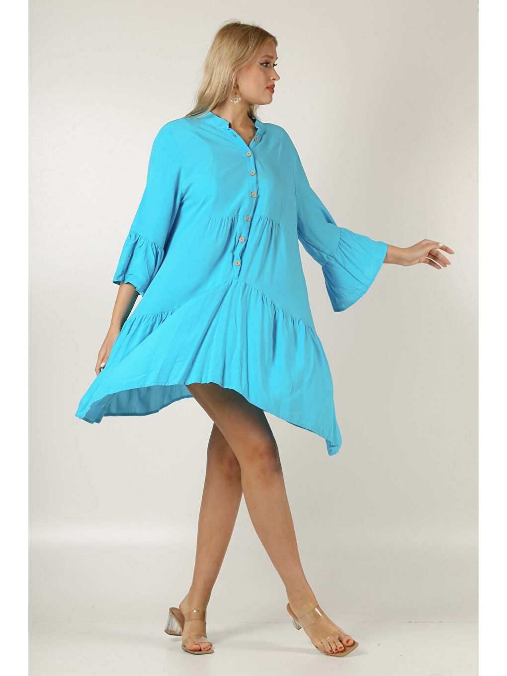 İtalyan Açık Turkuaz Hakim Yaka 3/4 Kol Düğmeli Kol Ve Etek Ucu Fırfırlı Dokuma Elbise-6