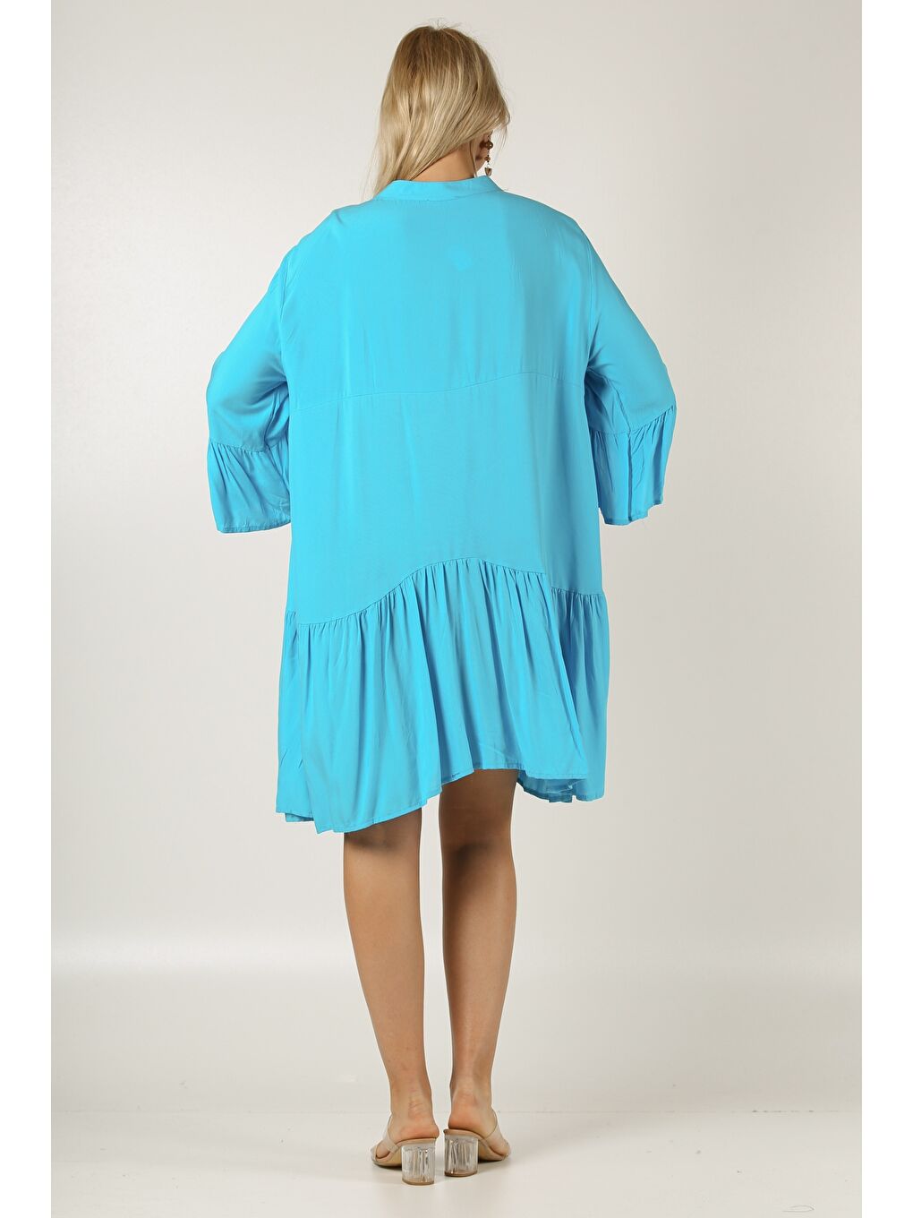 İtalyan Açık Turkuaz Hakim Yaka 3/4 Kol Düğmeli Kol Ve Etek Ucu Fırfırlı Dokuma Elbise-7