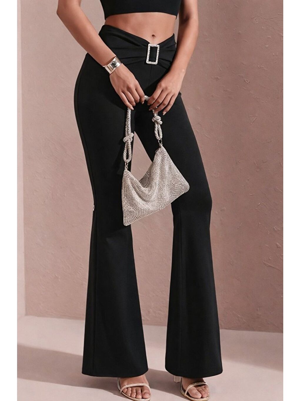 Siyah Kadın Yüksek Bel Tokalı Ispanyol Paçalı Dalgıç Pantolon , 24464-1