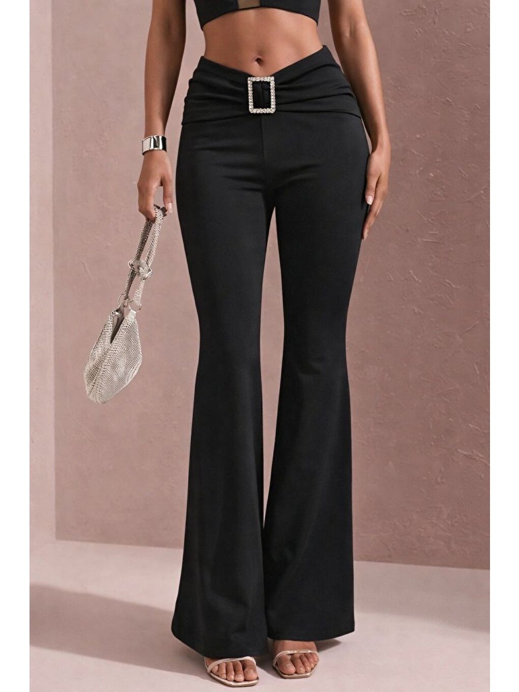 Siyah Kadın Yüksek Bel Tokalı Ispanyol Paçalı Dalgıç Pantolon , 24464-2