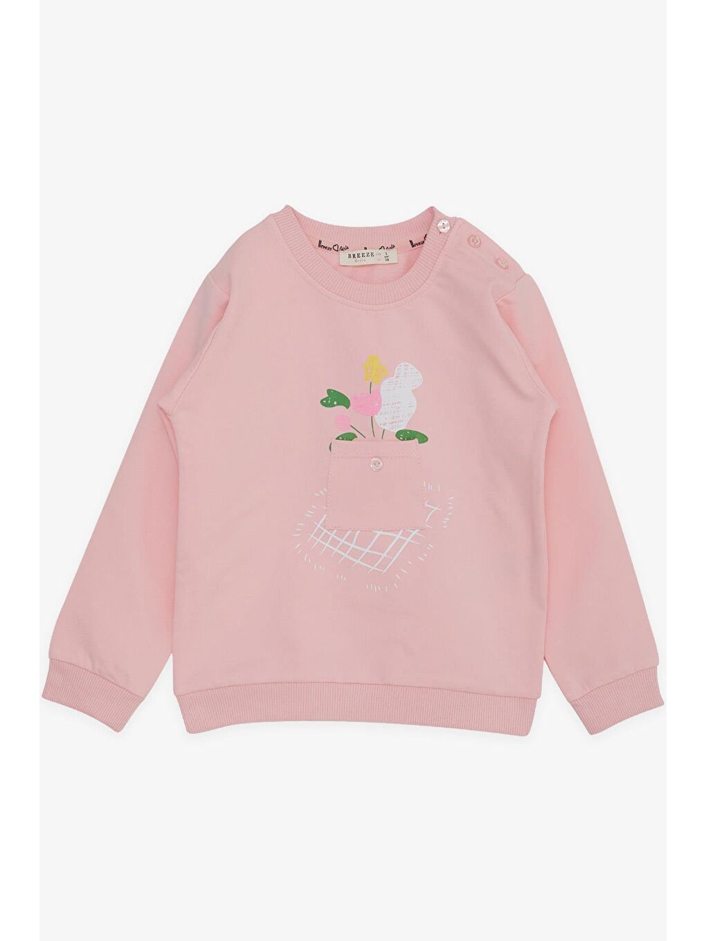 Breeze Pembe Kız Çocuk Sweatshirt Cepli Çiçek Baskılı Pembe (1-4 Yaş)