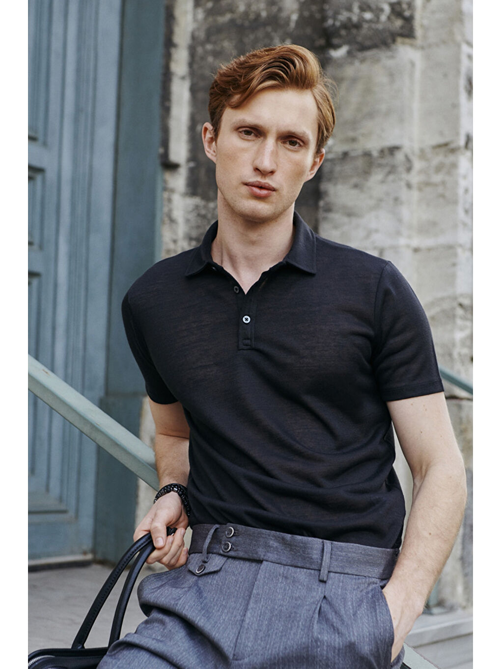 Erkek Siyah Slim Fit Dar Kesim Polo Yaka Düz Casual Tişört-2