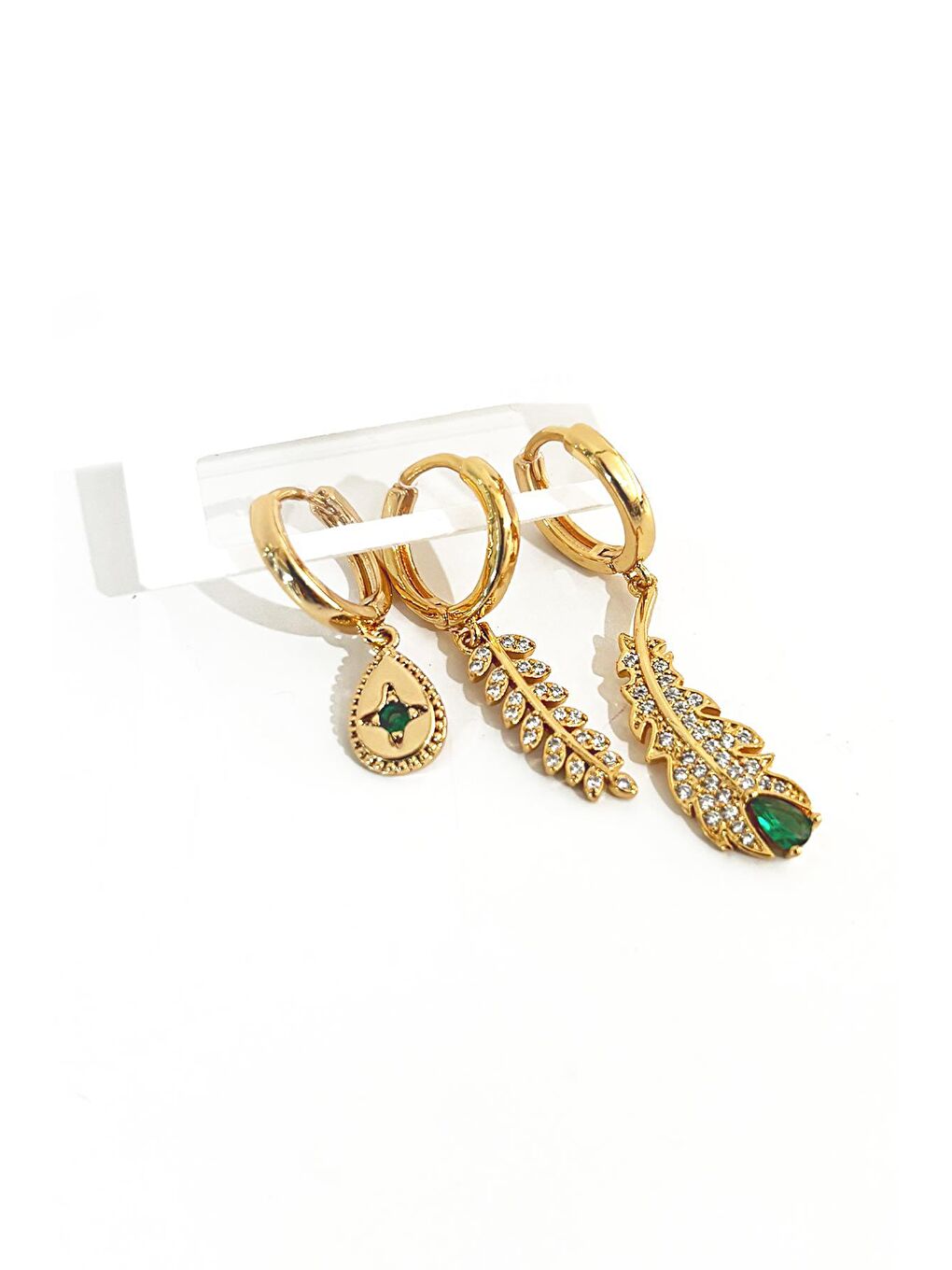 Sarı Zurich Yeşil Zirkon Taşlı Altın Kaplama Zarif Küpe Seti 3lü Paket