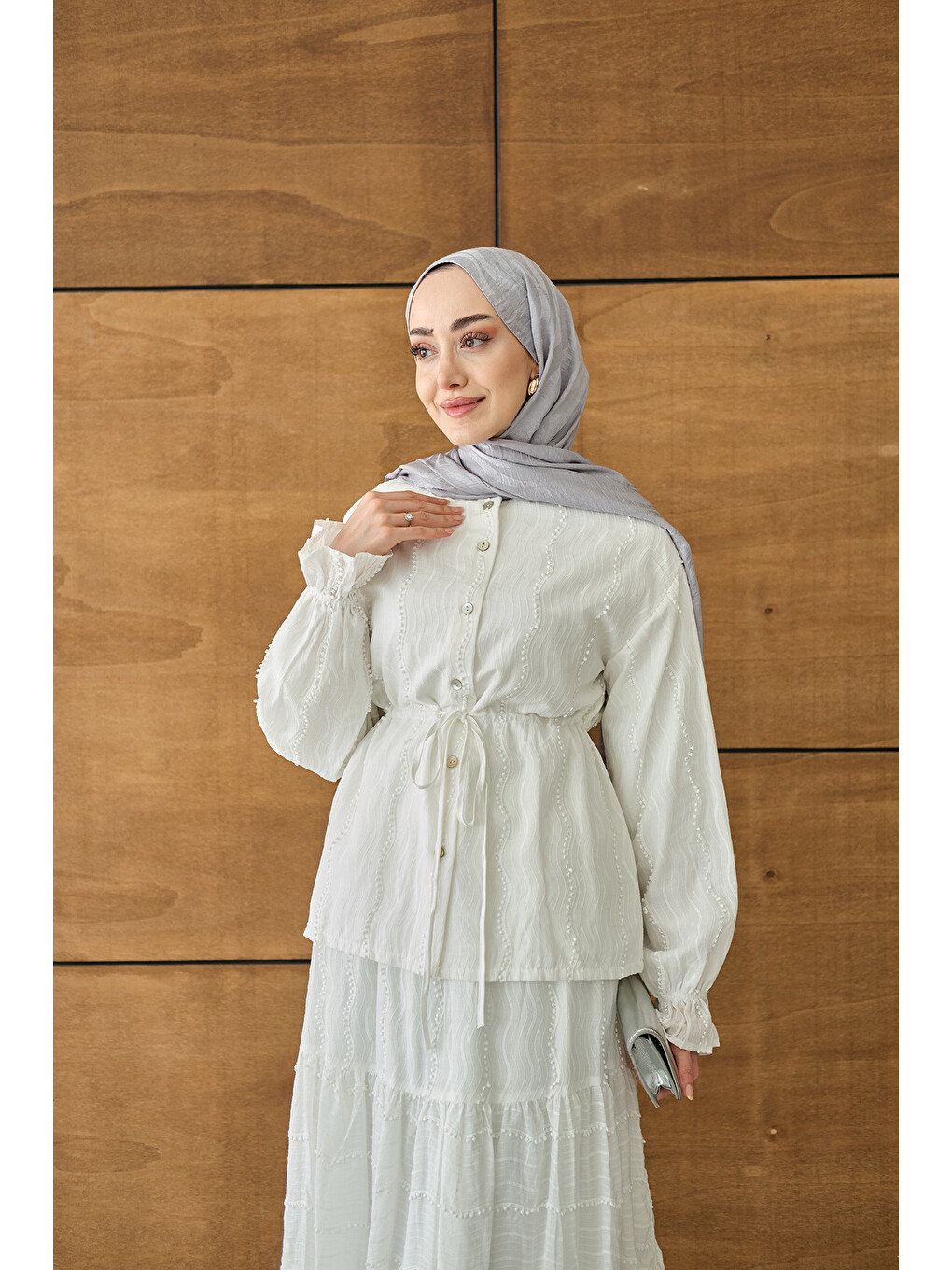 Kadın Beli Ayarlanabilir Nakış Detaylı Takım Beyaz-1