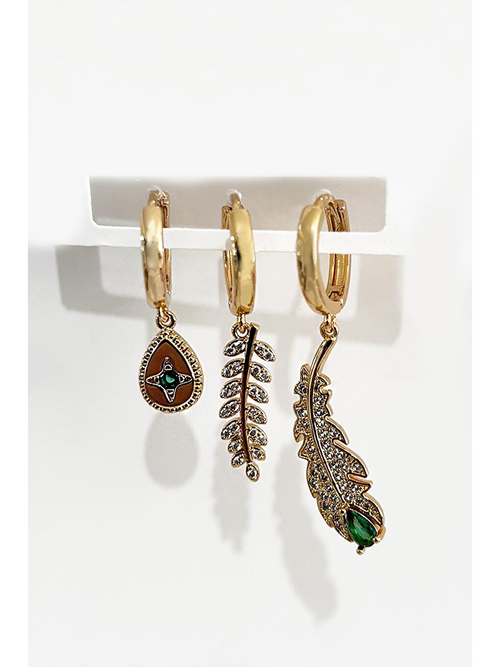 Sarı Zurich Yeşil Zirkon Taşlı Altın Kaplama Zarif Küpe Seti 3lü Paket-1