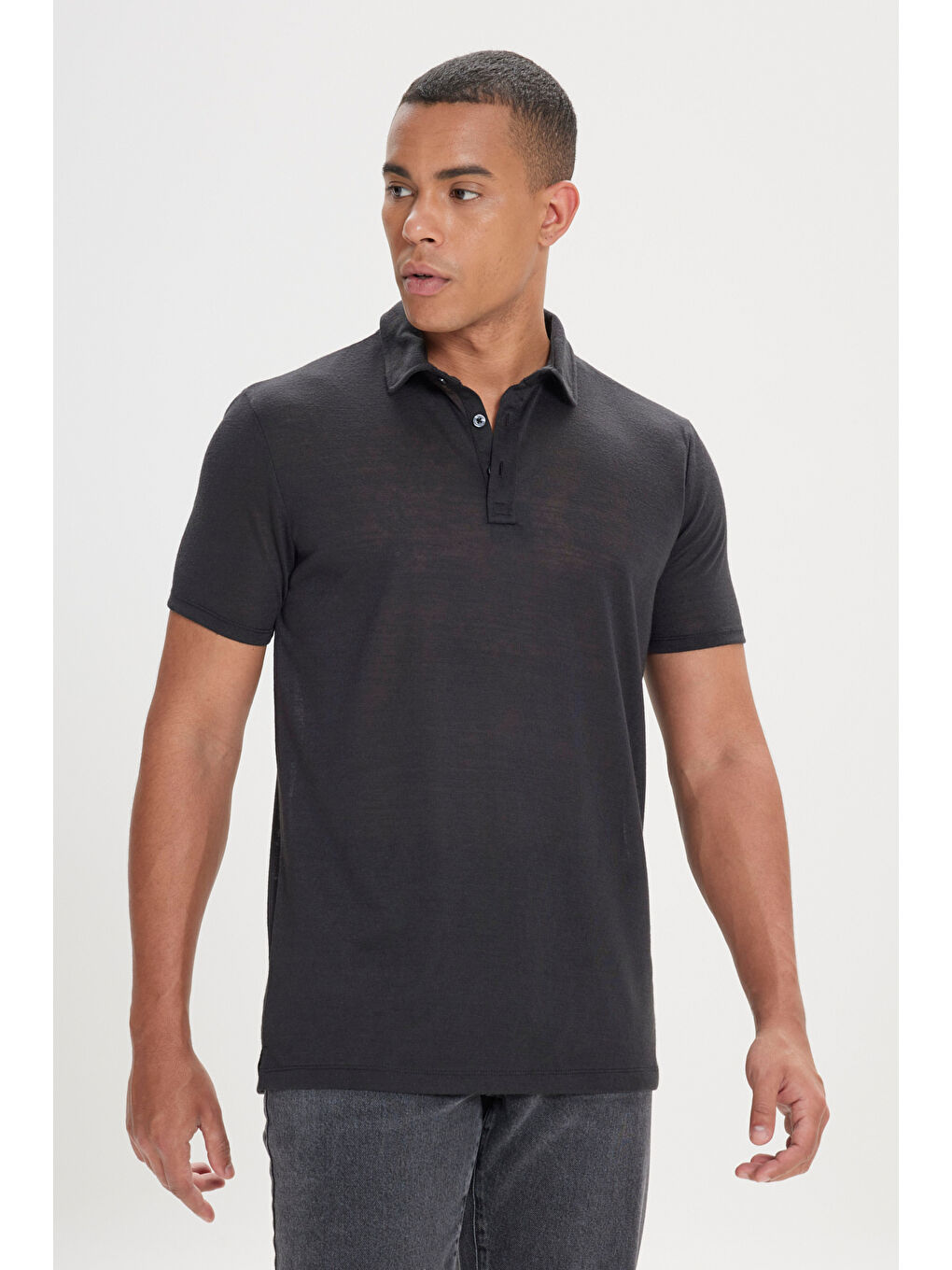 Erkek Siyah Slim Fit Dar Kesim Polo Yaka Düz Casual Tişört-3