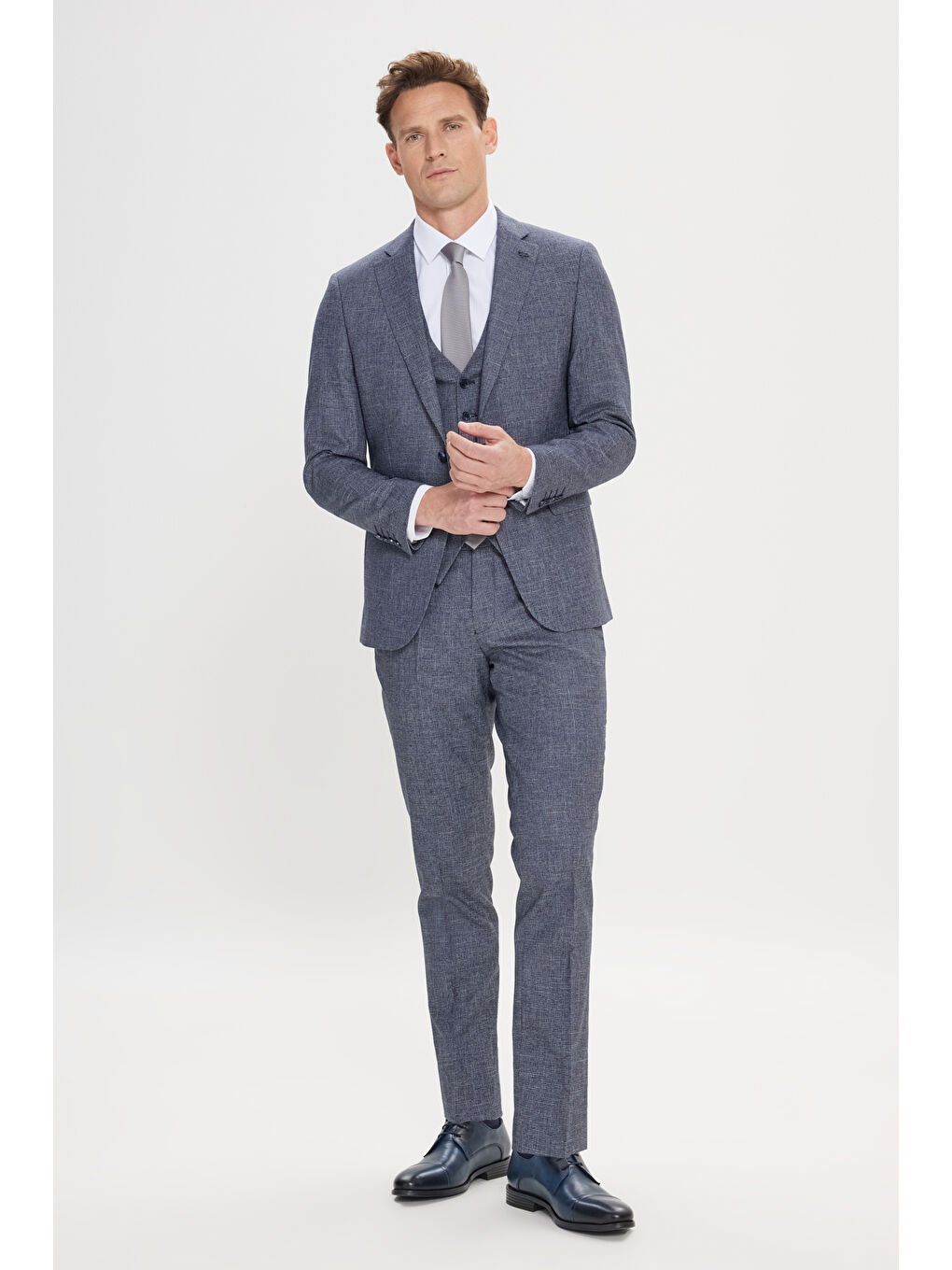 Erkek Lacivert-Beyaz Ekstra Slim Fit Mono Yaka Desenli Yelekli Takım Elbise-1