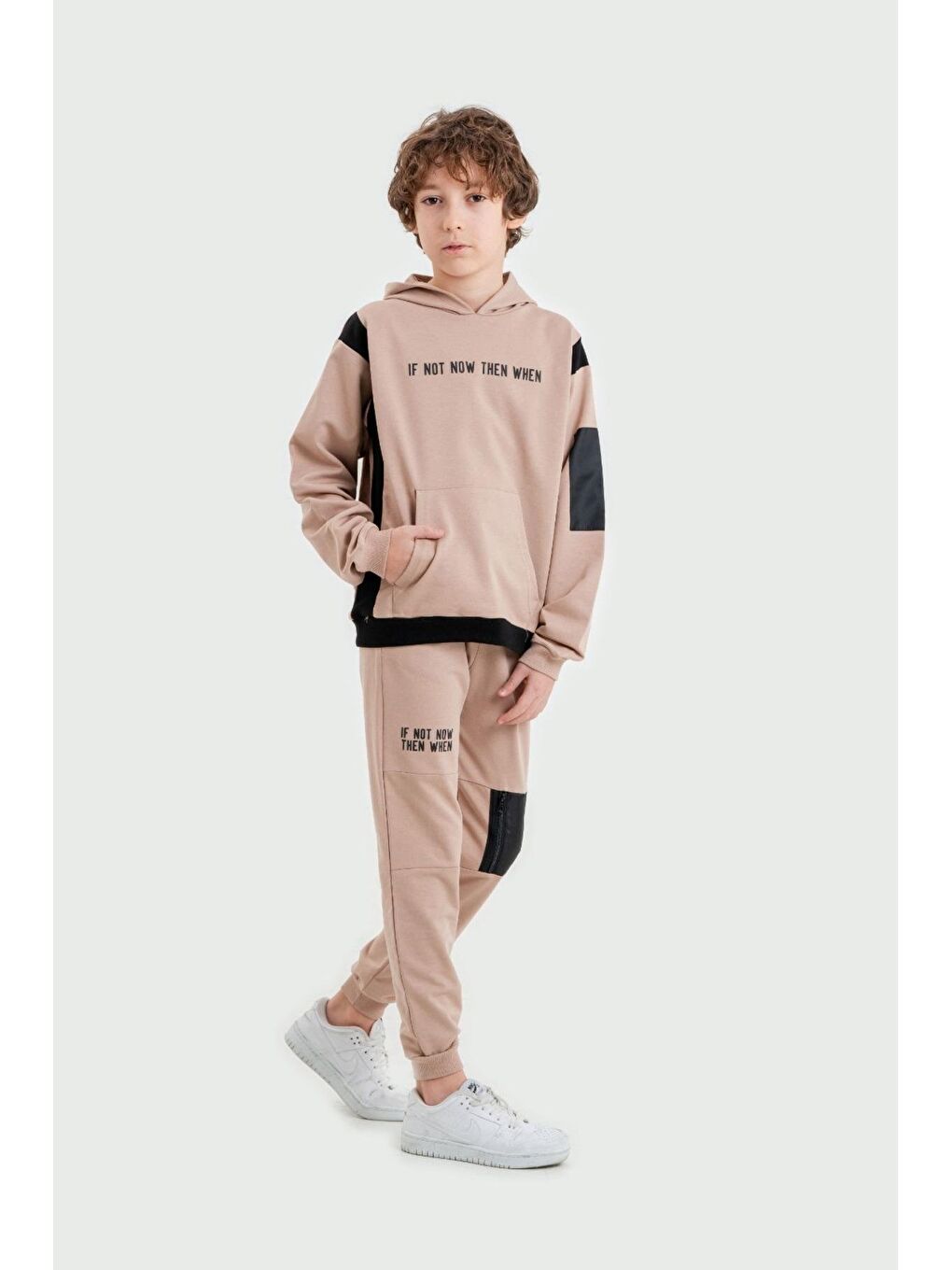 Mışıl Kids Bej If Not Now Then When Baskılı Kapüşonlu Alt Üst Erkek Çocuk Sweatshirt Eşofman Takımı - 1