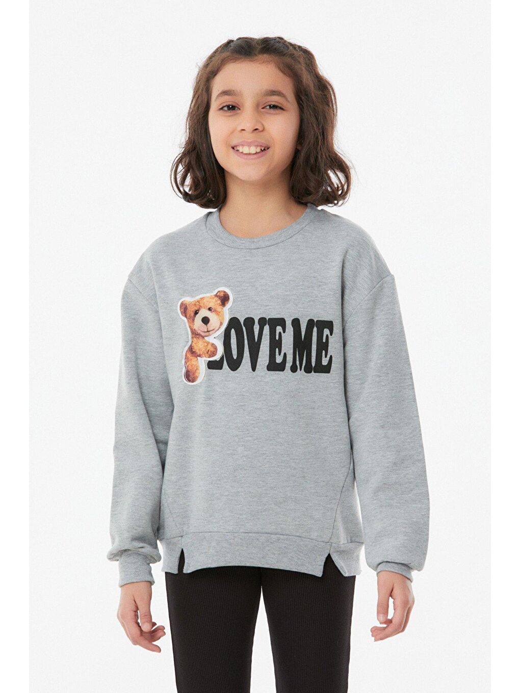 Gri Baskılı Bisiklet Yaka Kız Çocuk Sweatshirt