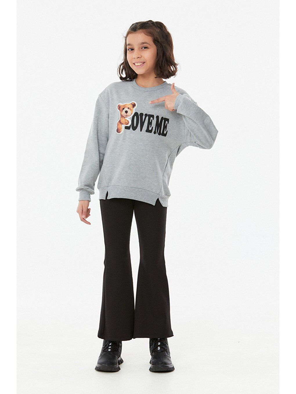 Gri Baskılı Bisiklet Yaka Kız Çocuk Sweatshirt-1