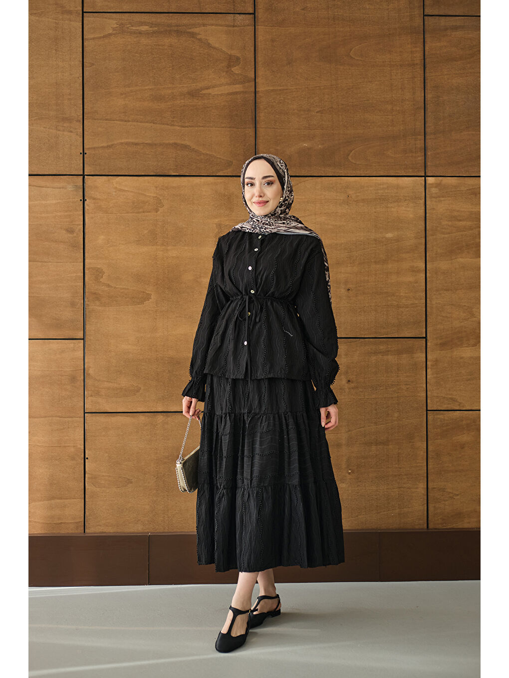 Kadın Beli Ayarlanabilir Nakış Detaylı Takım Siyah-3