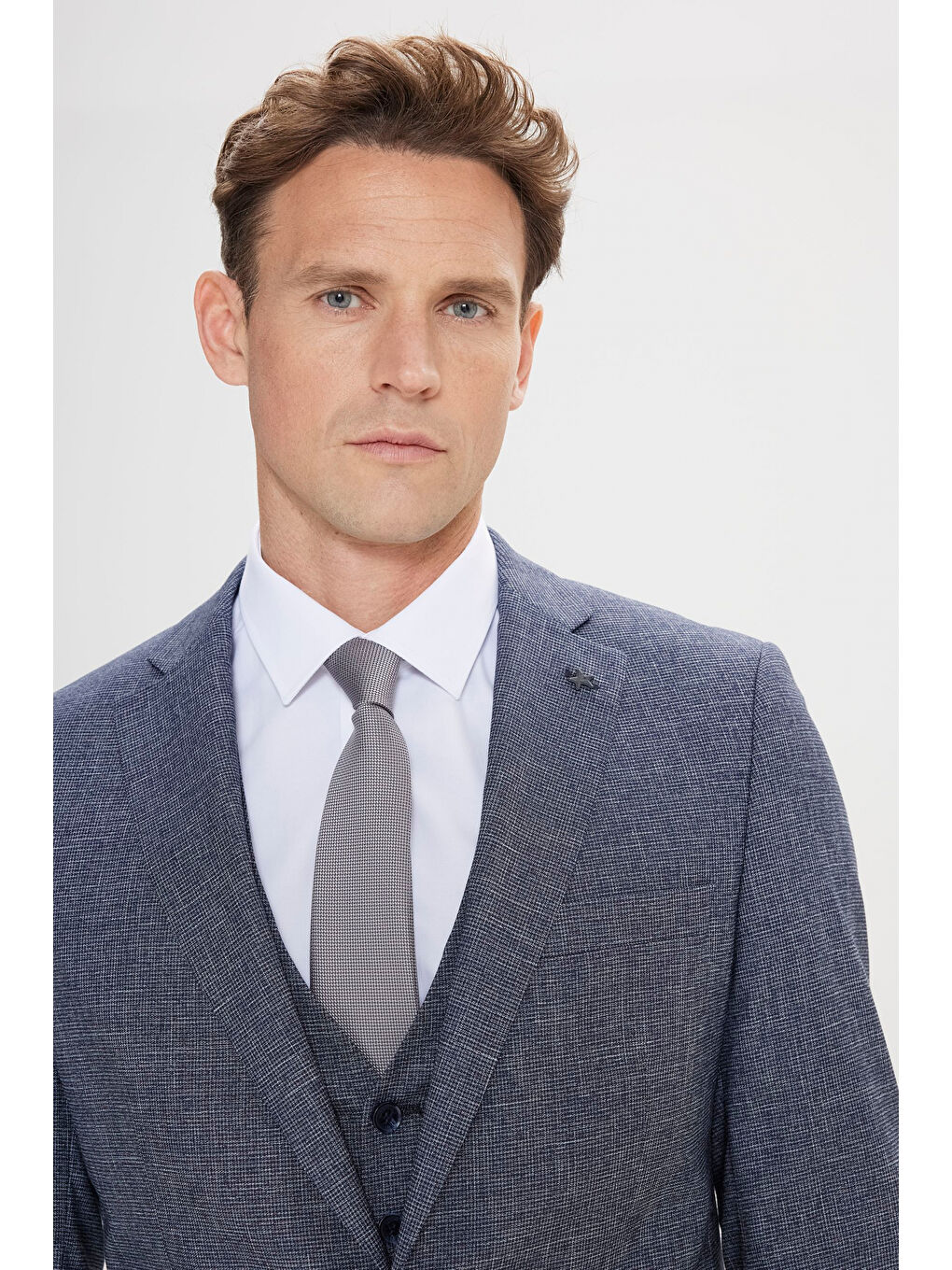 Erkek Lacivert-Beyaz Ekstra Slim Fit Mono Yaka Desenli Yelekli Takım Elbise-4