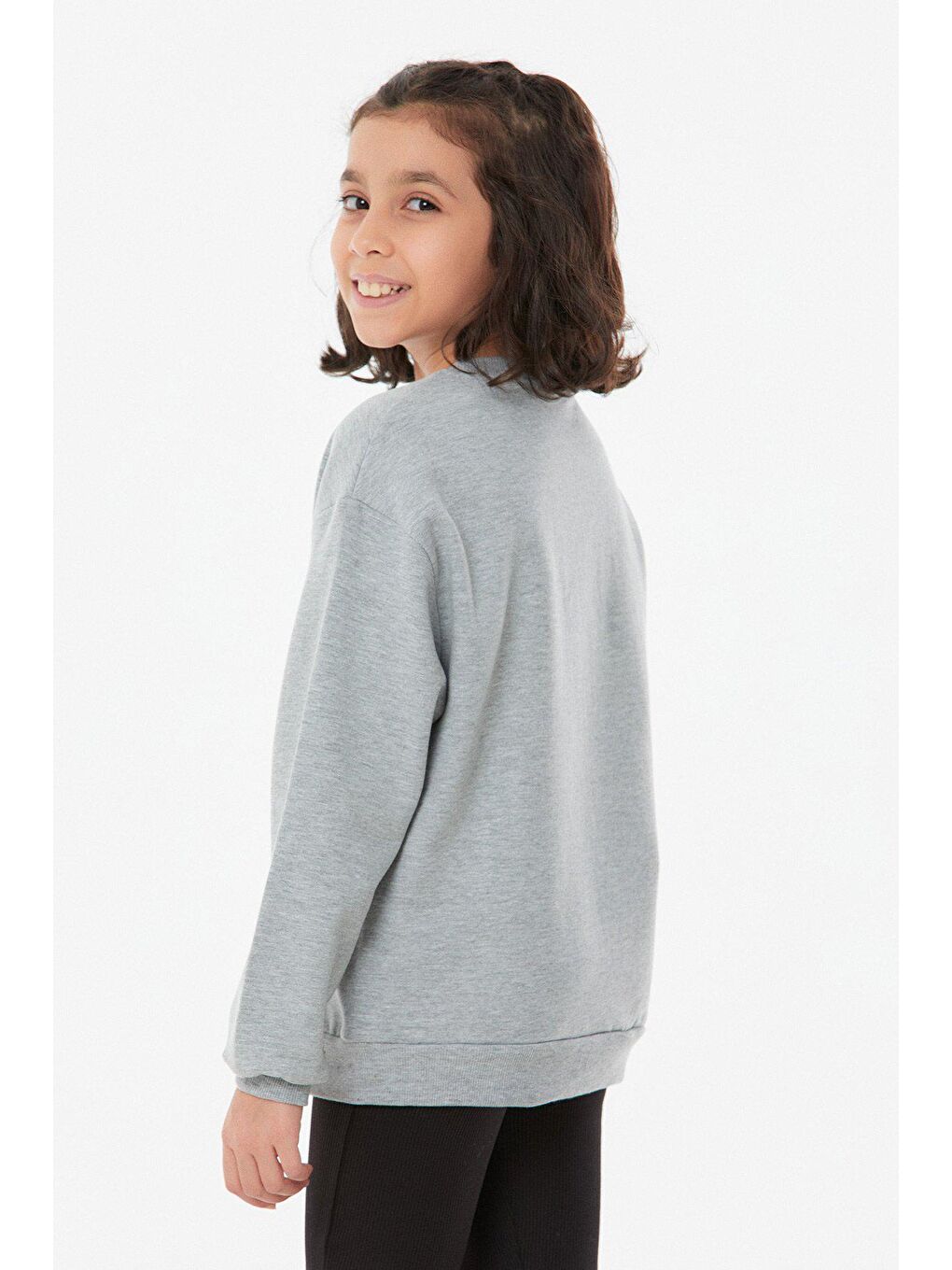 Gri Baskılı Bisiklet Yaka Kız Çocuk Sweatshirt-2