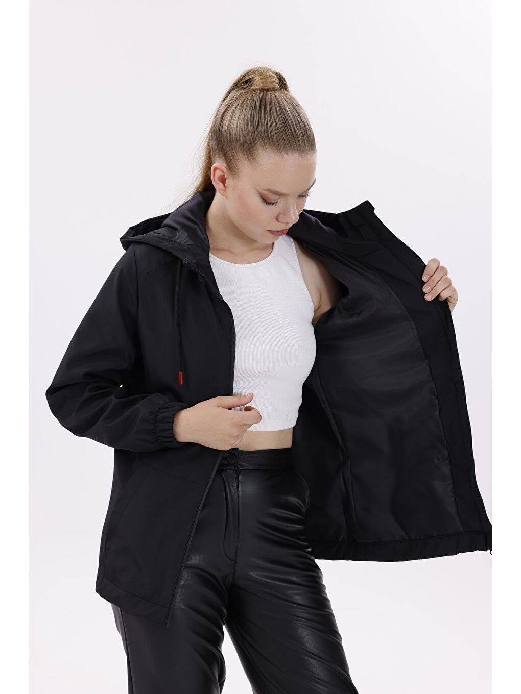 Kadın Siyah Su Geçirmez Ve Rüzgara Dayanıklı Astarlı Kapüşonlu Yağmurluk - Rüzgarlık-3