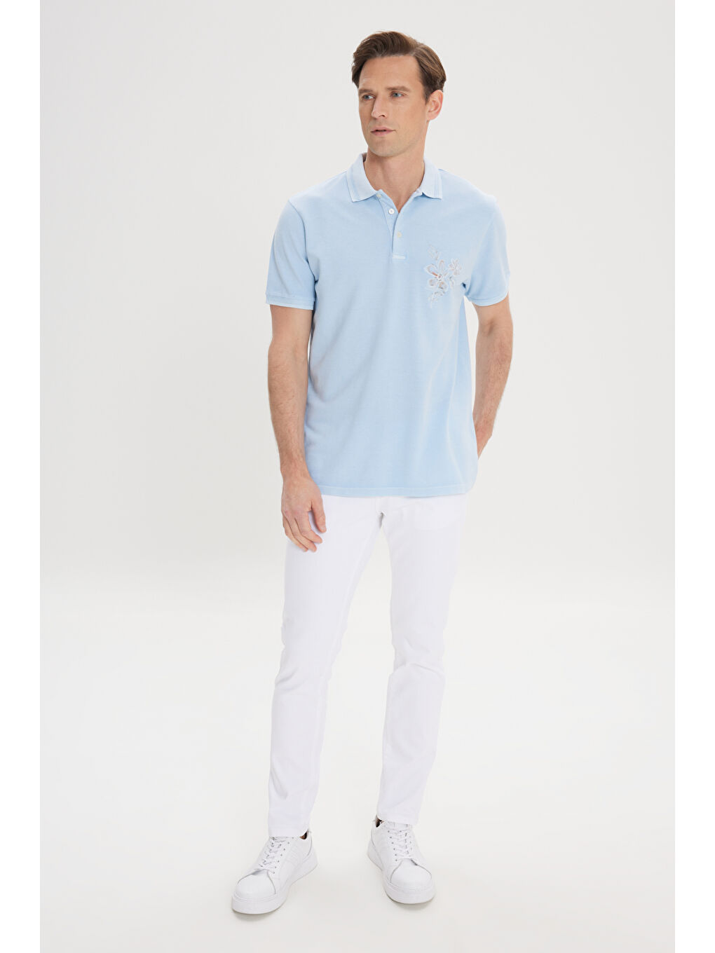 Erkek Açık İndigo Slim Fit Dar Kesim %100 Pamuk Baskılı Polo Yaka Tişört-1