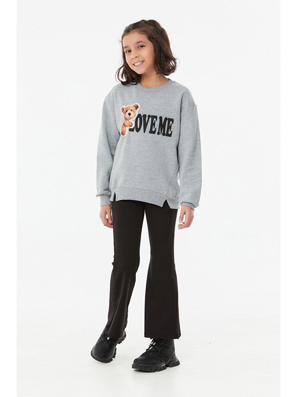 Gri Baskılı Bisiklet Yaka Kız Çocuk Sweatshirt-3