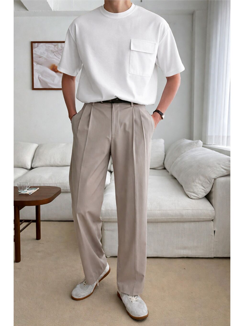 Beyaz Erkek Cepli Basic Tişört – Oversize Modern Kesim Günlük Stil-2