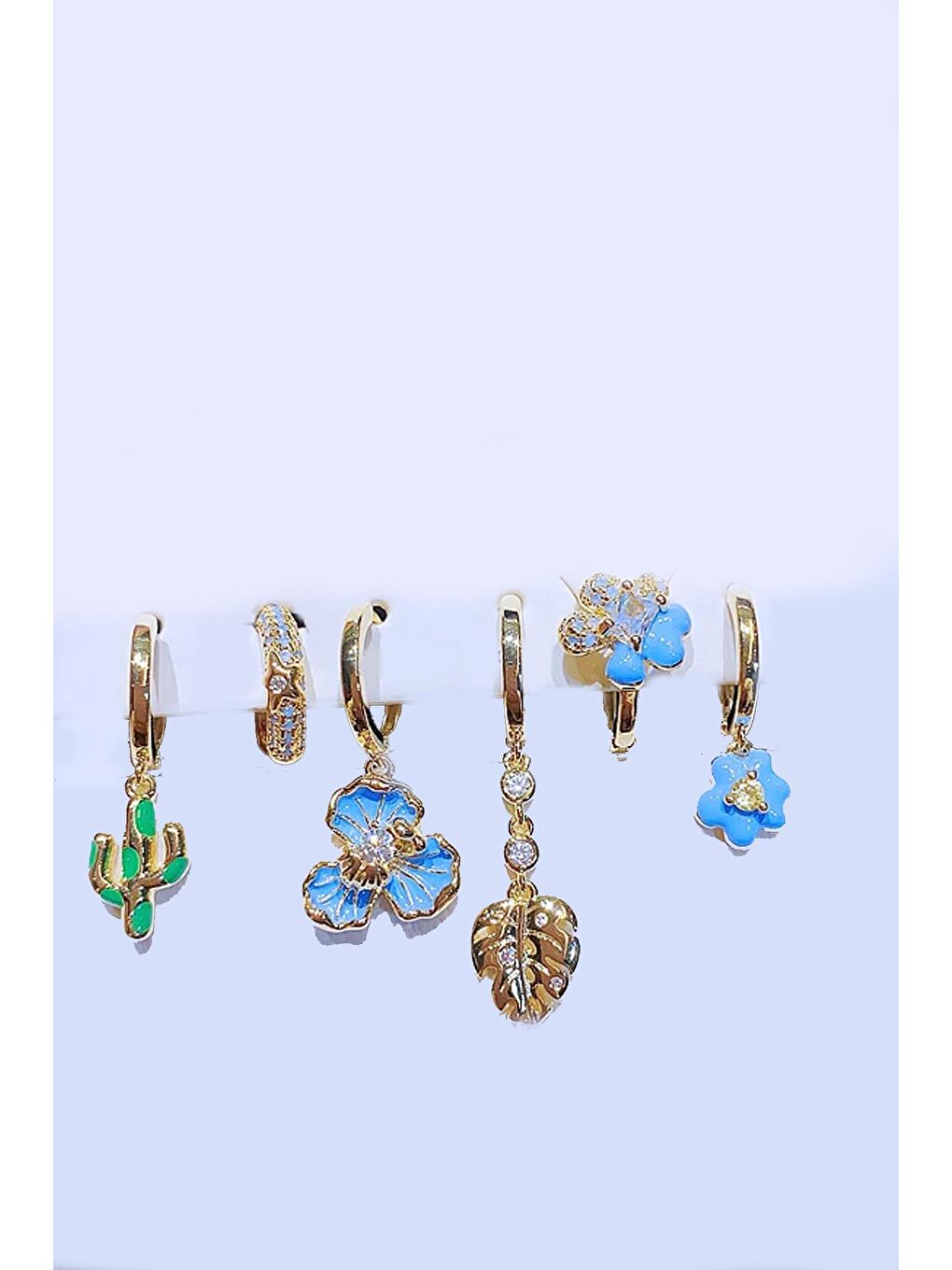 Sarı Floransa Zirkon Taşlı Altın Kaplama Zarif Küpe Seti 6'lı Paket-4