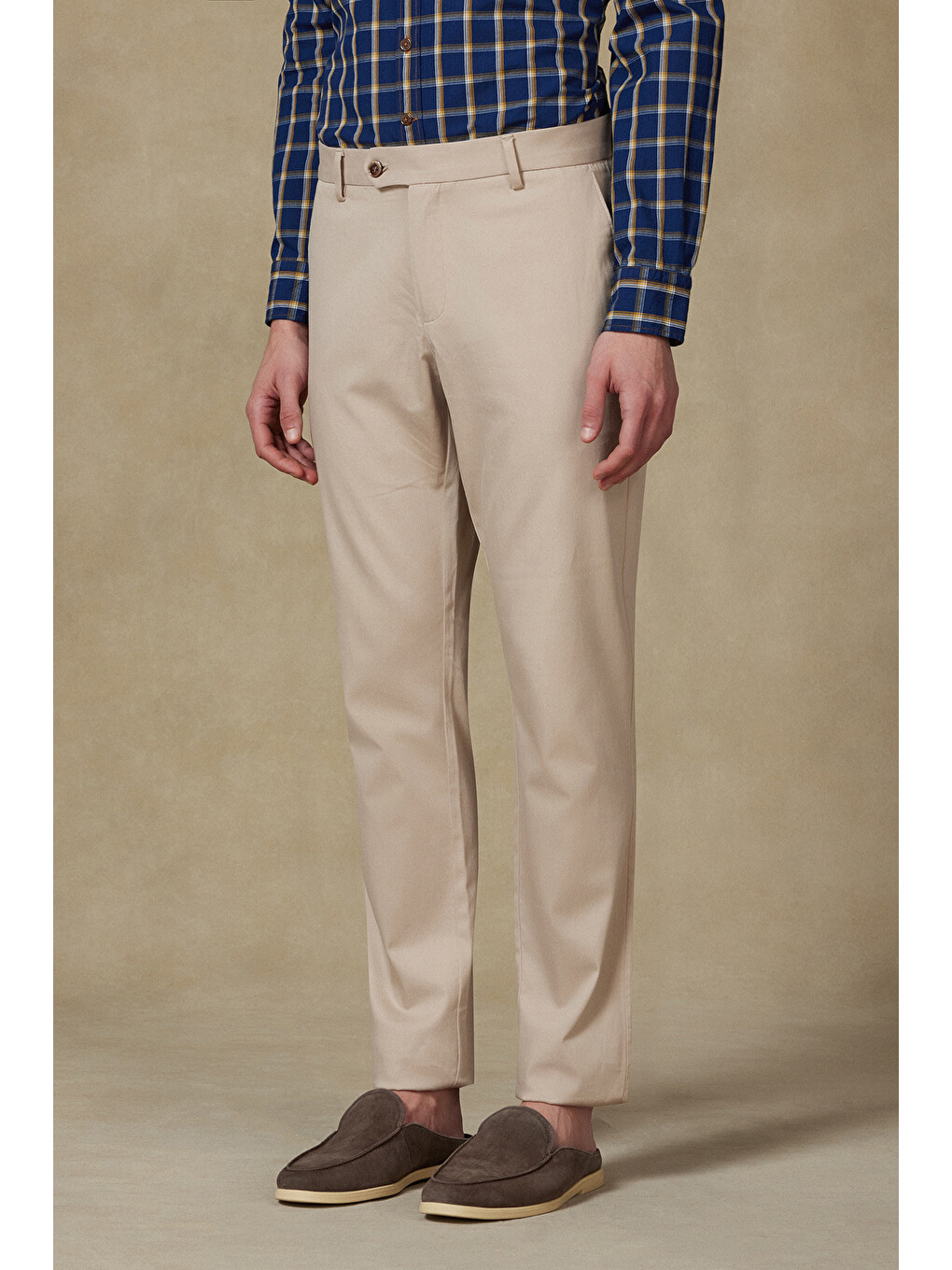 Summer Dokuma Liyosel Karışımlı Modern Fit Koyu Bej Erkek Düz Pantolon-1