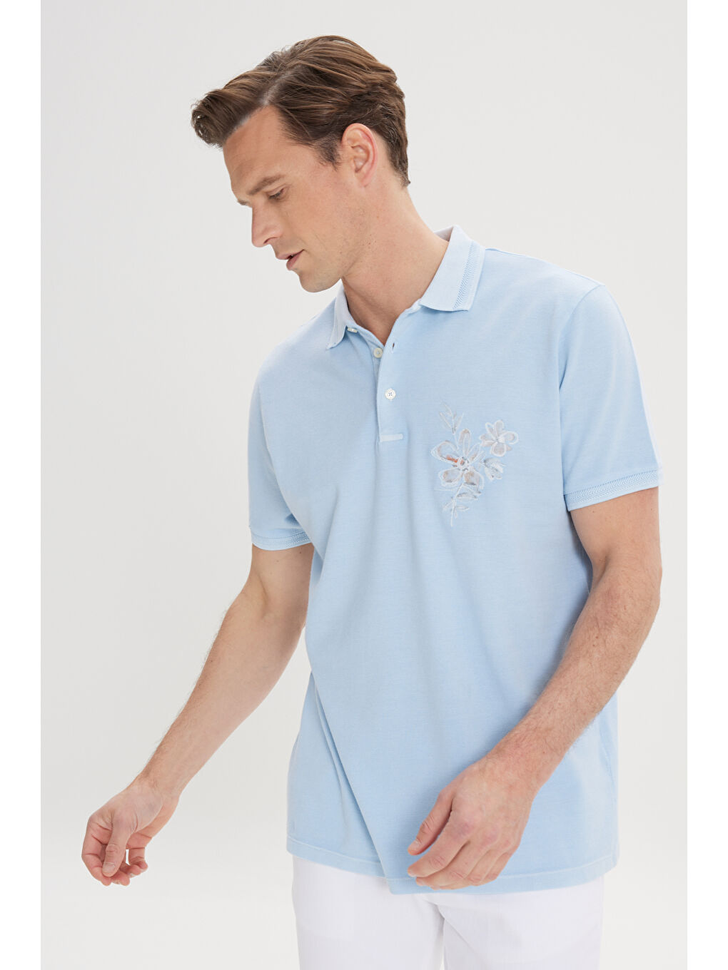 Erkek Açık İndigo Slim Fit Dar Kesim %100 Pamuk Baskılı Polo Yaka Tişört-2