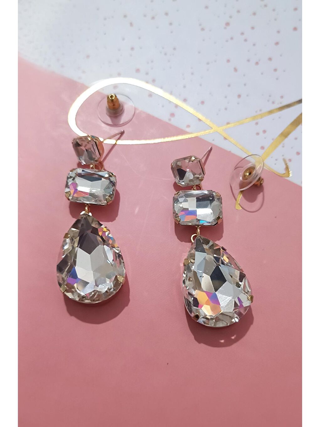 Sarı Şeffaf Kristal Taşlı Abiye Sallantılı Küpe-3