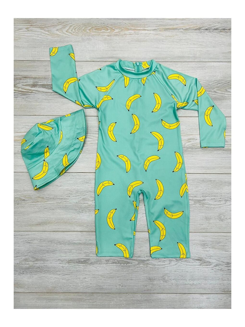 Yeşil Fermuarlı Şapkalı Harika Çocuk Mayosu