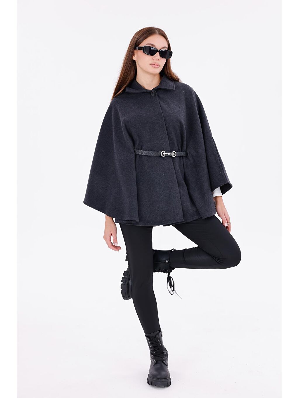 Antrasit Kadın Tok Duruşlu Pelüş Panço – Tokalı Bel Detaylı Sıcak Tutan Kışlık Dış Giyim-2