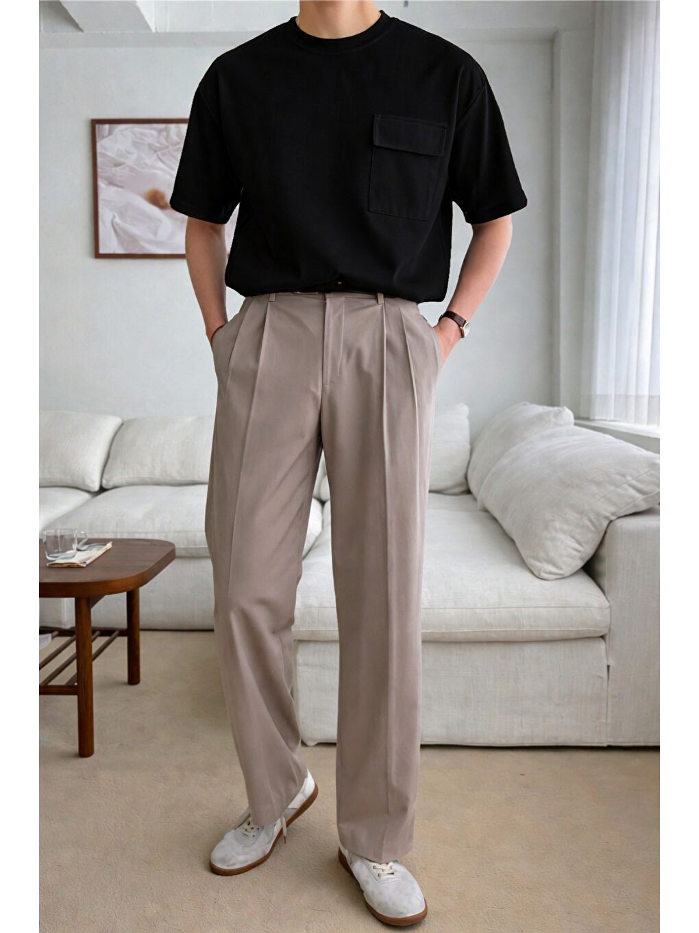 Siyah Erkek Cepli Basic Tişört – Oversize Modern Kesim Günlük Stil-1