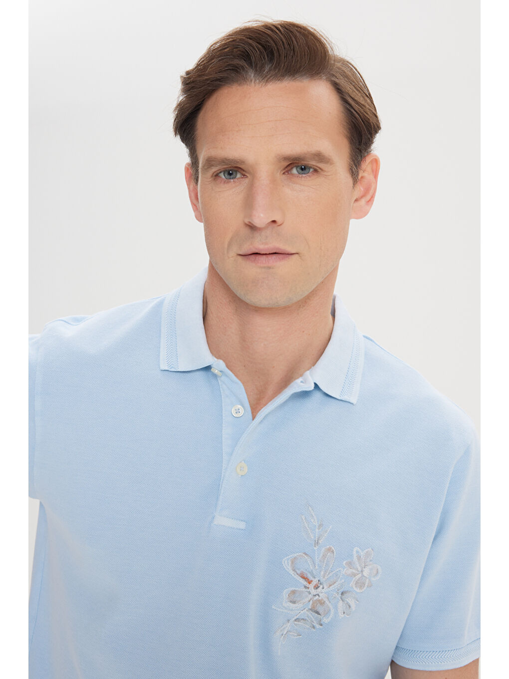 Erkek Açık İndigo Slim Fit Dar Kesim %100 Pamuk Baskılı Polo Yaka Tişört-3