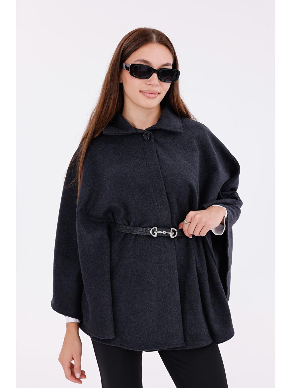 Antrasit Kadın Tok Duruşlu Pelüş Panço – Tokalı Bel Detaylı Sıcak Tutan Kışlık Dış Giyim-3