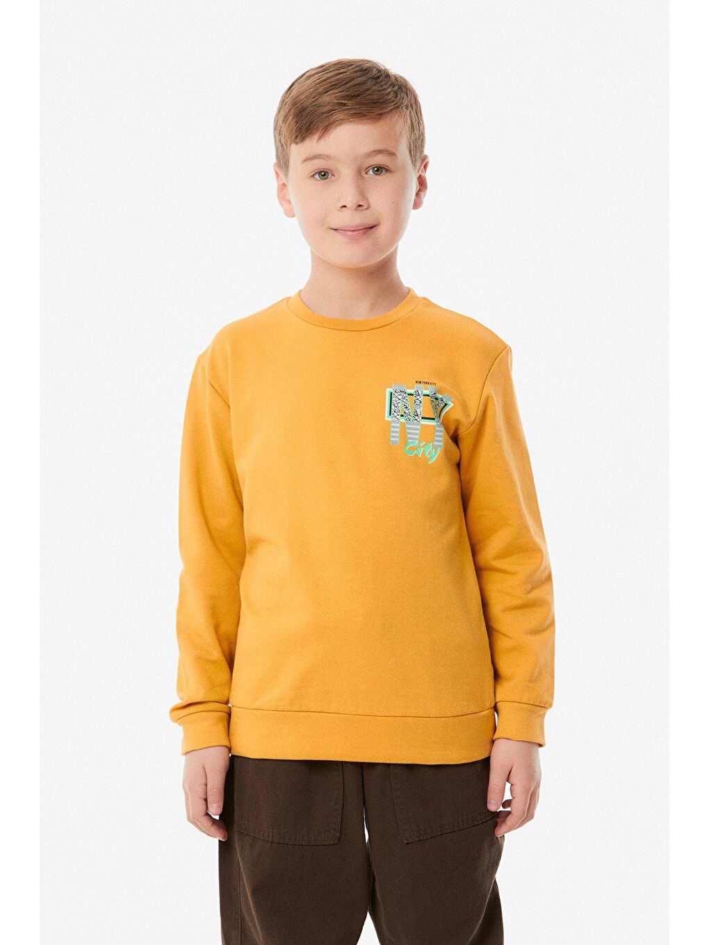 Sarı Baskılı Bisiklet Yaka Erkek Çocuk Sweatshirt