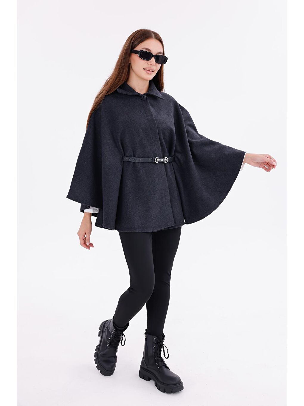 Antrasit Kadın Tok Duruşlu Pelüş Panço – Tokalı Bel Detaylı Sıcak Tutan Kışlık Dış Giyim-5