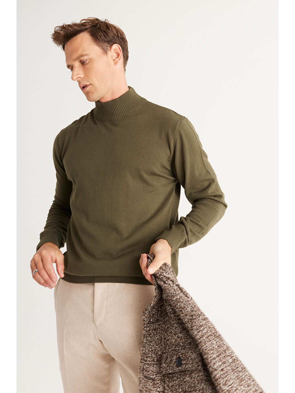 Erkek Haki Tüylenme Yapmayan Anti-Pilling Standart Fit Yarım Balıkçı Yaka Triko Kazak-2