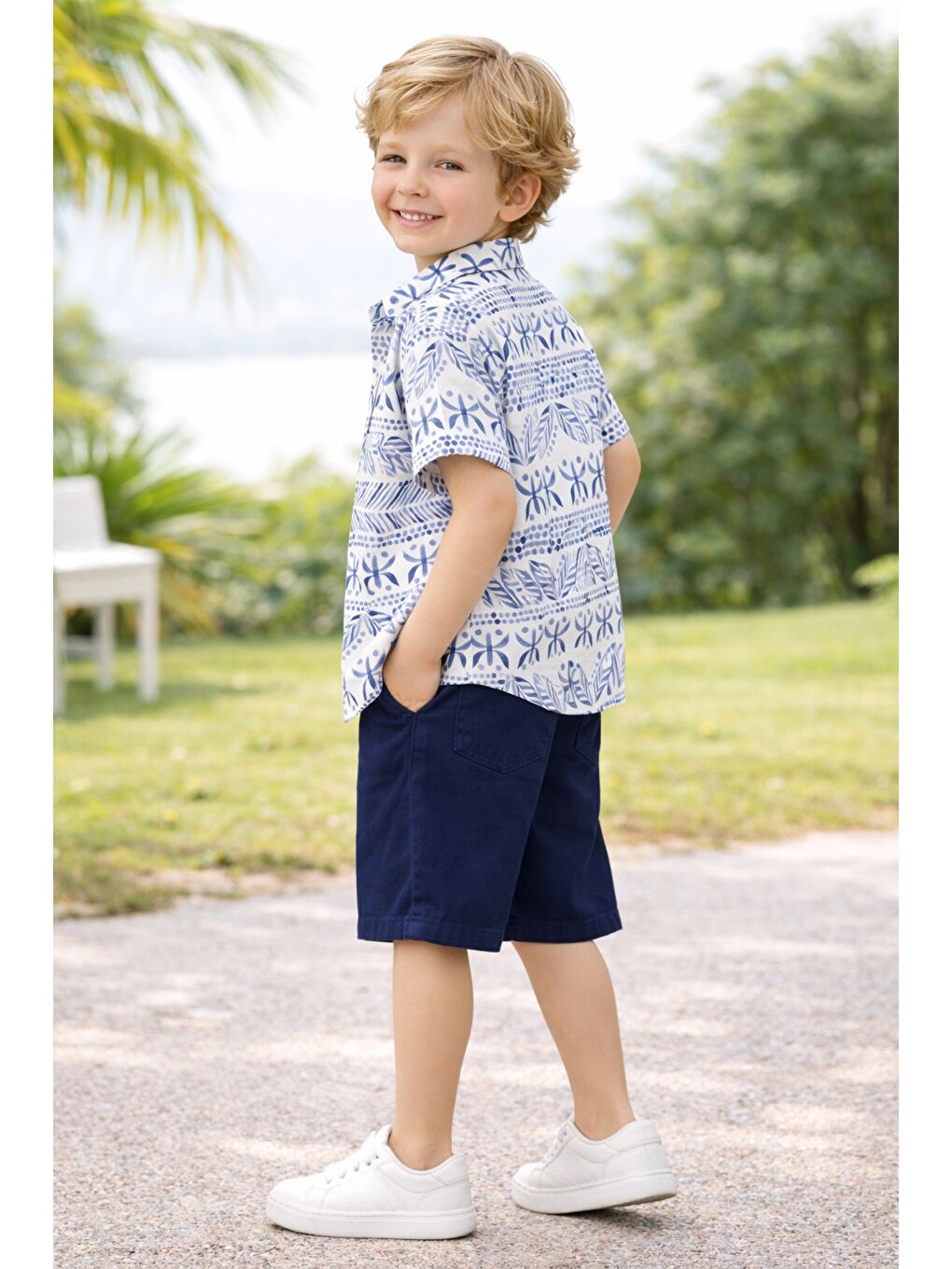 Mavi Tarz Gömlek Yaprak Desenli Belden Ayarlanabilir Kısa Kollu Şortlu 3'lü Takım Çocuk ve Bebek Giy-1