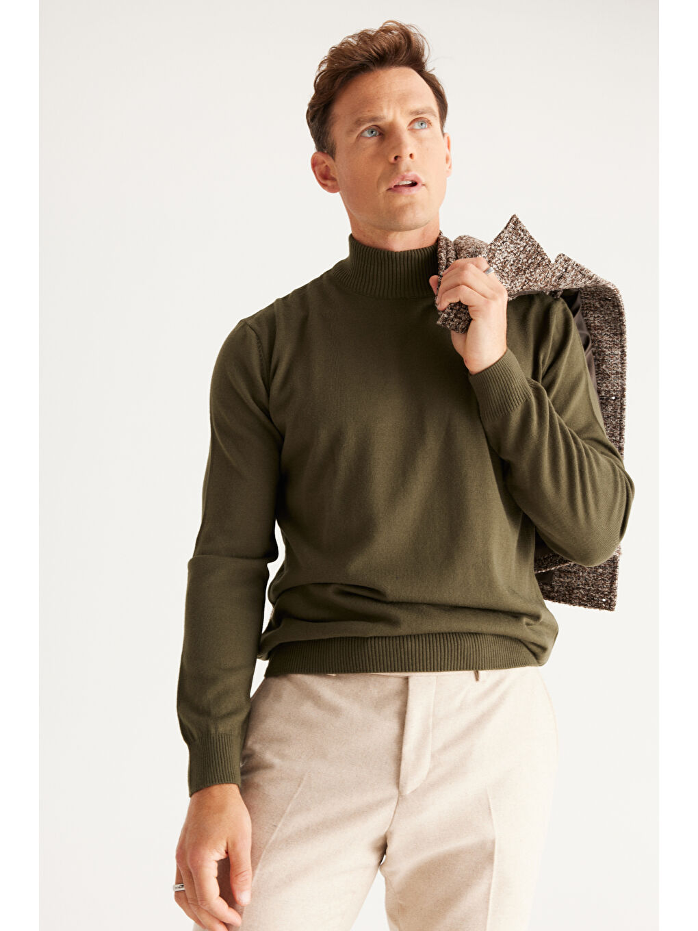 Erkek Haki Tüylenme Yapmayan Anti-Pilling Standart Fit Yarım Balıkçı Yaka Triko Kazak-3