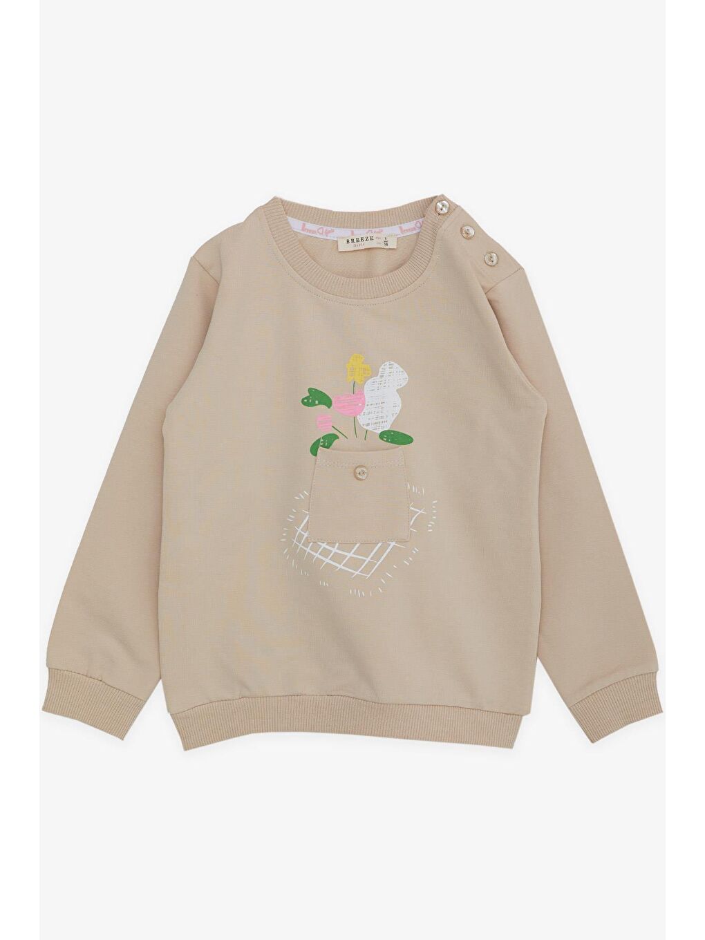 Breeze Bej Kız Çocuk Sweatshirt Cepli Çiçek Baskılı Bej (1-4 Yaş)