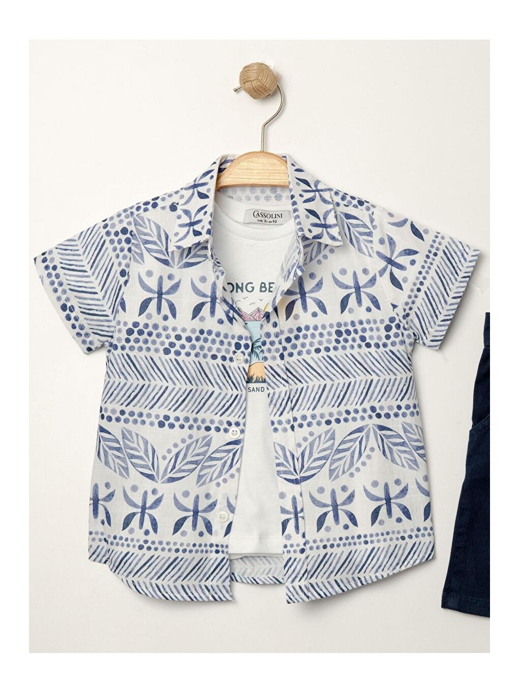 Mavi Tarz Gömlek Yaprak Desenli Belden Ayarlanabilir Kısa Kollu Şortlu 3'lü Takım Çocuk ve Bebek Giy-4
