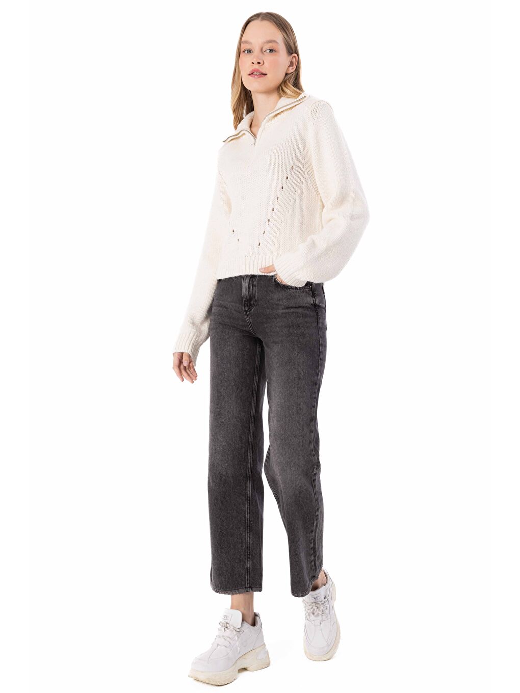 Dublin - Yakası Fermuar Detaylı Dik Yaka Triko Kazak - Ekru Renk-1