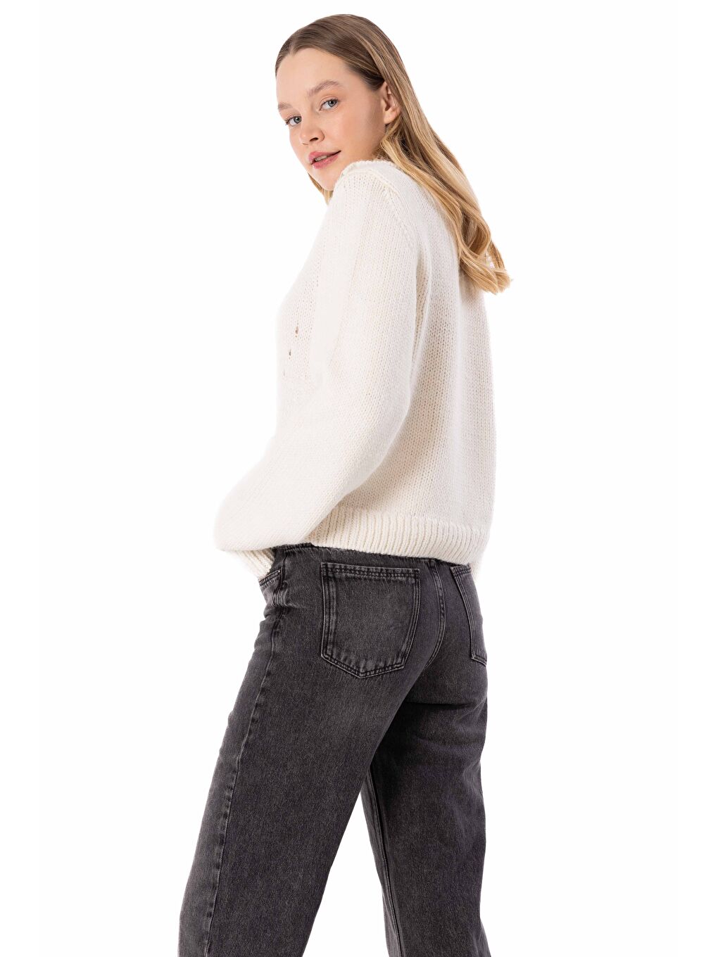 Dublin - Yakası Fermuar Detaylı Dik Yaka Triko Kazak - Ekru Renk-3