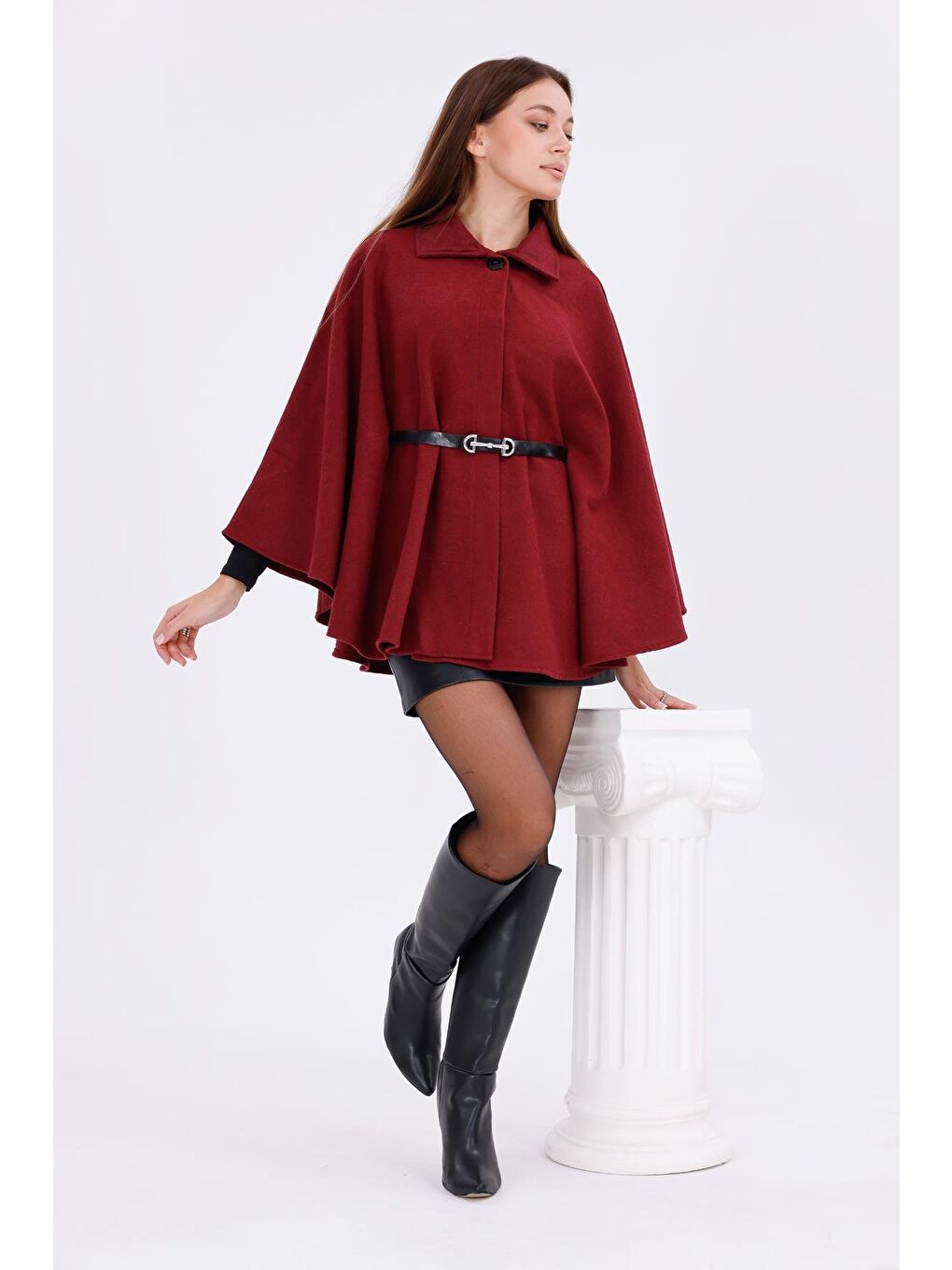 Bordo Kadın Tok Duruşlu Pelüş Panço – Tokalı Bel Detaylı Sıcak Tutan Kışlık Dış Giyim-2