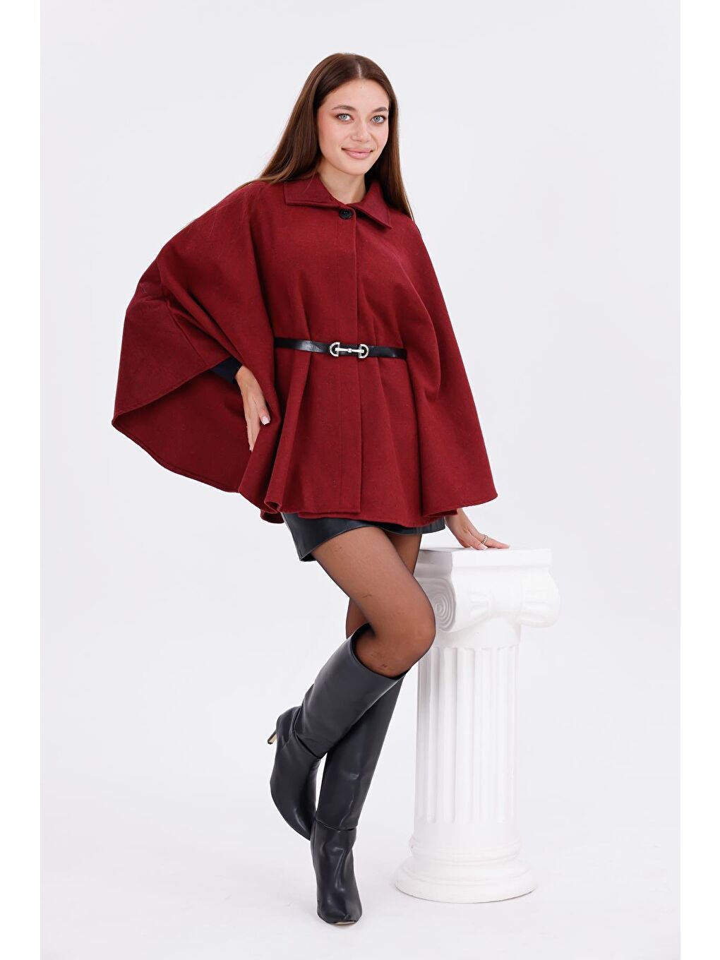 Bordo Kadın Tok Duruşlu Pelüş Panço – Tokalı Bel Detaylı Sıcak Tutan Kışlık Dış Giyim-3