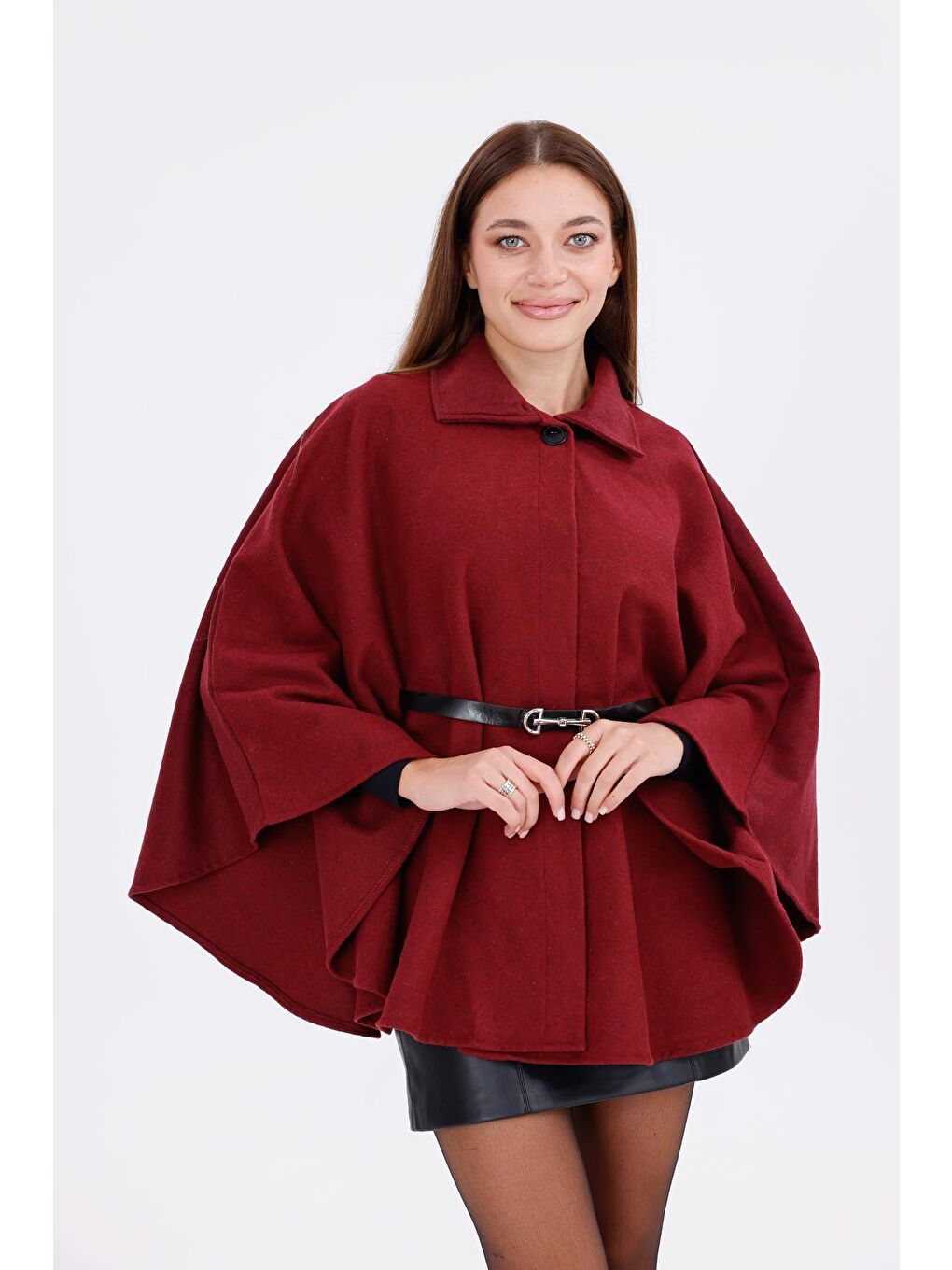 Bordo Kadın Tok Duruşlu Pelüş Panço – Tokalı Bel Detaylı Sıcak Tutan Kışlık Dış Giyim-4