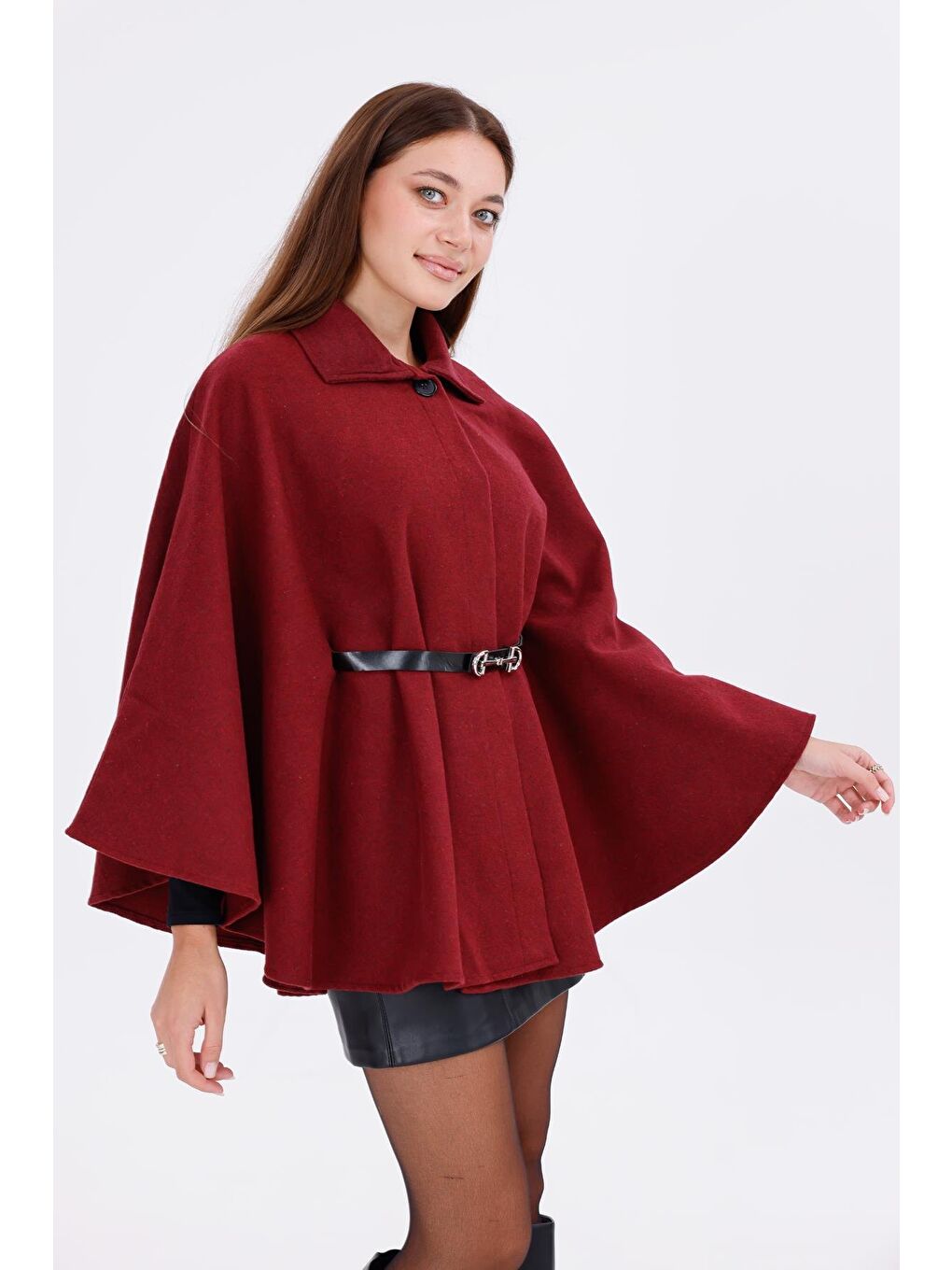 Bordo Kadın Tok Duruşlu Pelüş Panço – Tokalı Bel Detaylı Sıcak Tutan Kışlık Dış Giyim-5
