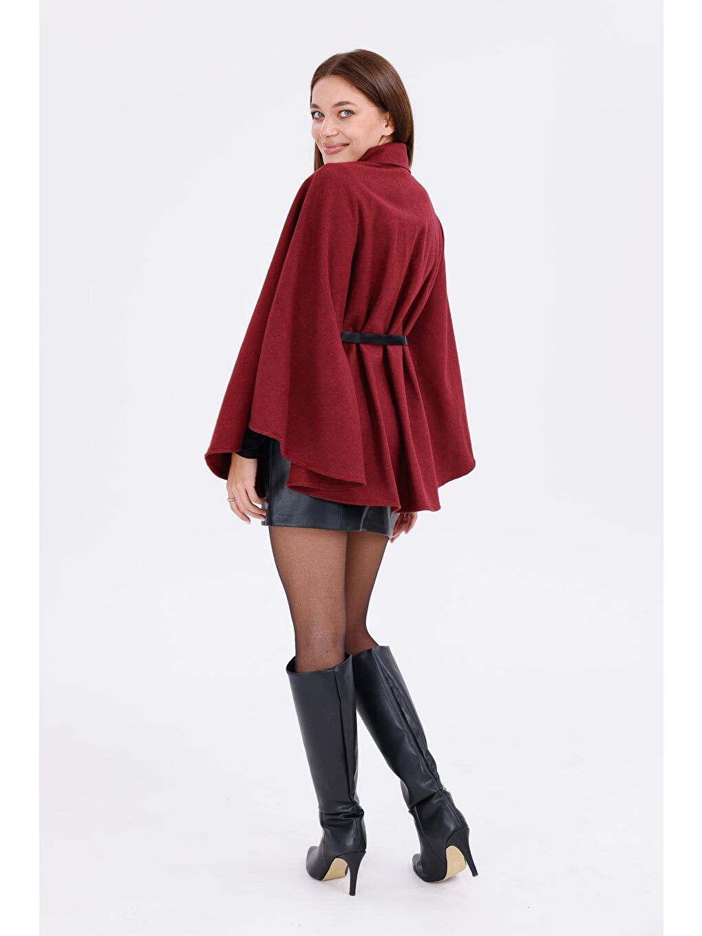 Bordo Kadın Tok Duruşlu Pelüş Panço – Tokalı Bel Detaylı Sıcak Tutan Kışlık Dış Giyim-6
