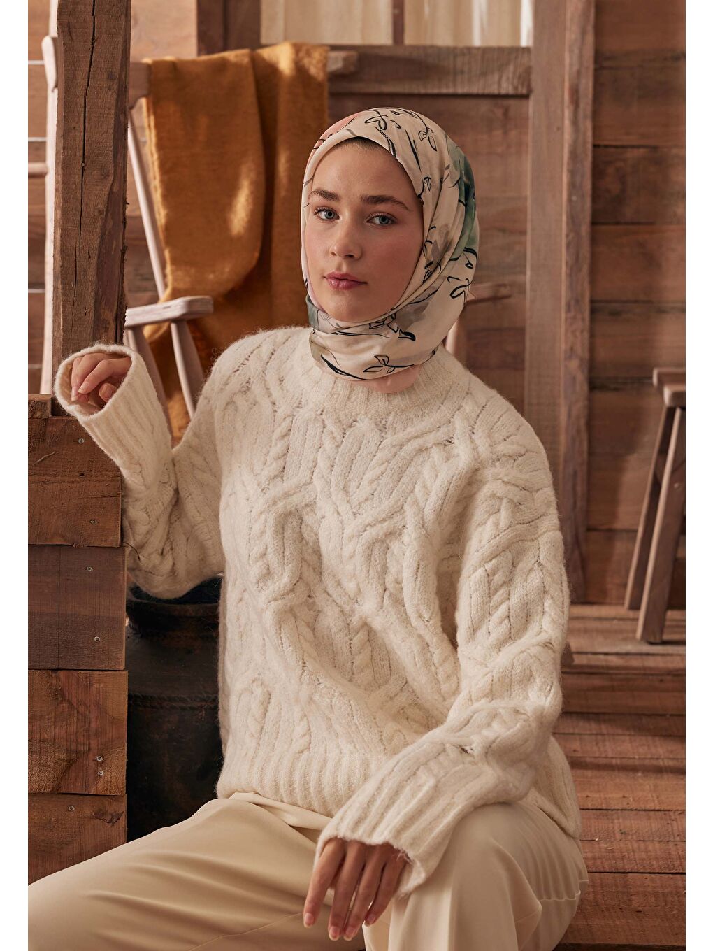 Gardenıa Desen Pamuk İpek Eşarp Soft Yeşil