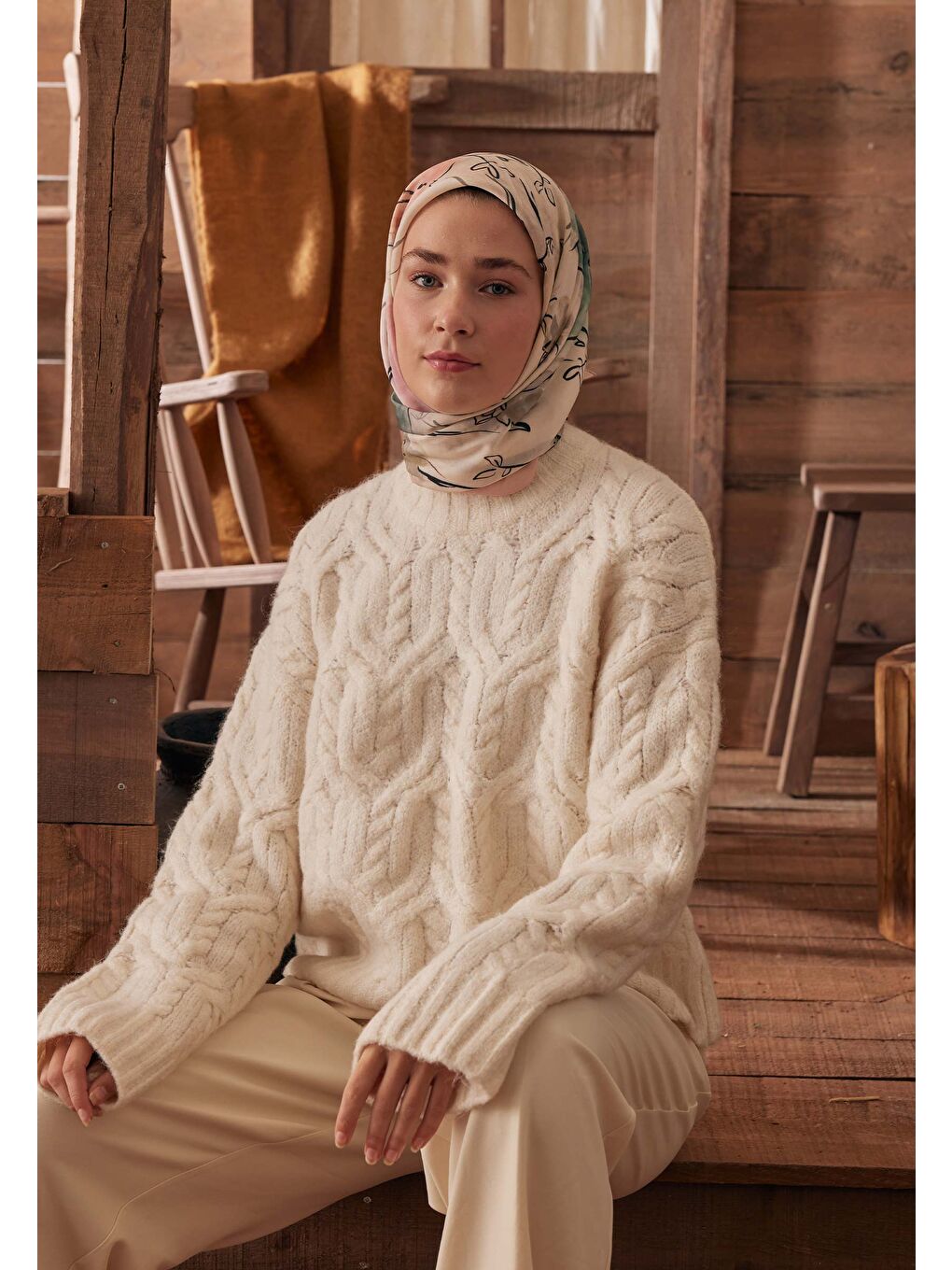 Gardenıa Desen Pamuk İpek Eşarp Soft Yeşil-1