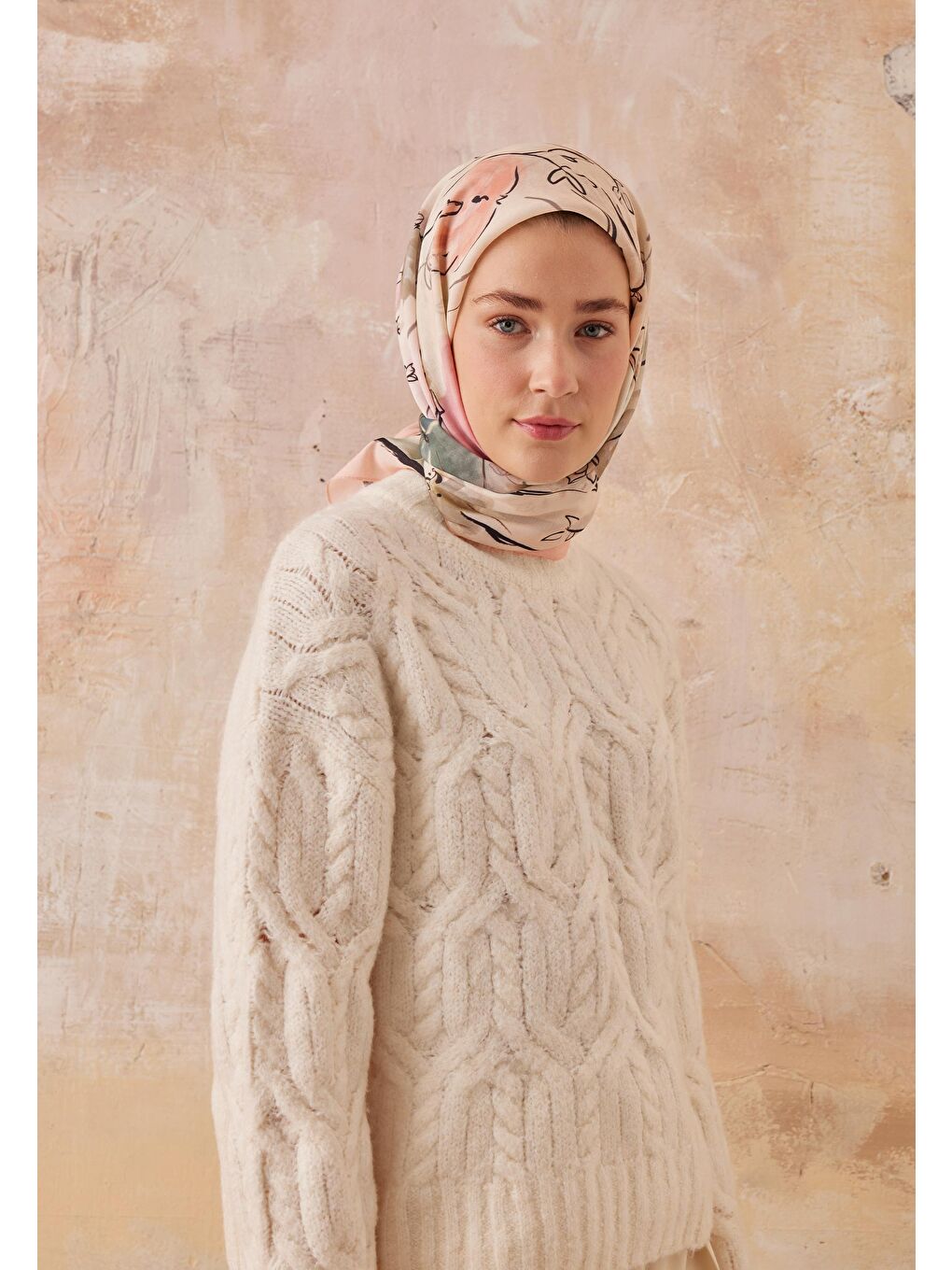 Gardenıa Desen Pamuk İpek Eşarp Soft Yeşil-2