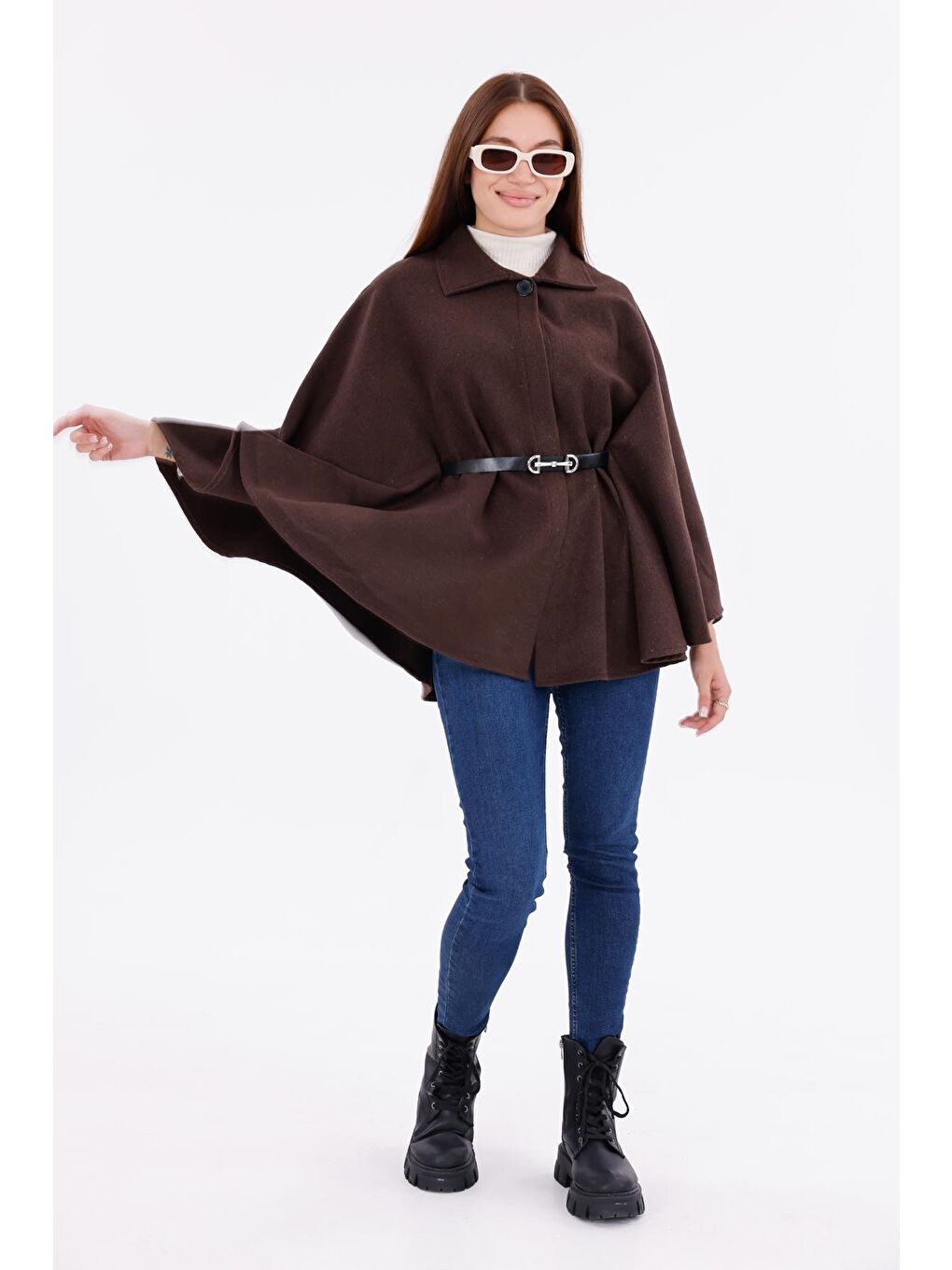 Kahverengi Kadın Tok Duruşlu Pelüş Panço – Tokalı Bel Detaylı Sıcak Tutan Kışlık Dış Giyim-4